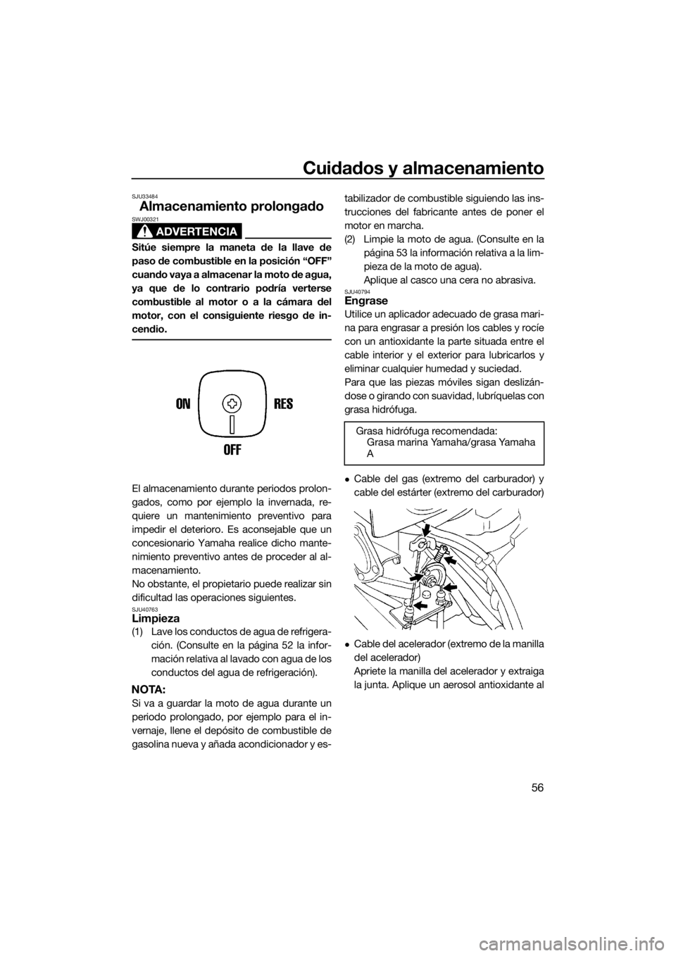 YAMAHA SUPERJET 2015 Manuale de Empleo (in Spanish) Cuidados y almacenamiento
56
SJU33484
Almacenamiento prolongado
ADVERTENCIA
SWJ00321
Sitúe siempre la maneta de la llave de
paso de combustible en la posición “OFF”
cuando vaya a almacenar la mo YAMAHA SUPERJET 2015 Manuale de Empleo (in Spanish) Cuidados y almacenamiento
56
SJU33484
Almacenamiento prolongado
ADVERTENCIA
SWJ00321
Sitúe siempre la maneta de la llave de
paso de combustible en la posición “OFF”
cuando vaya a almacenar la mo