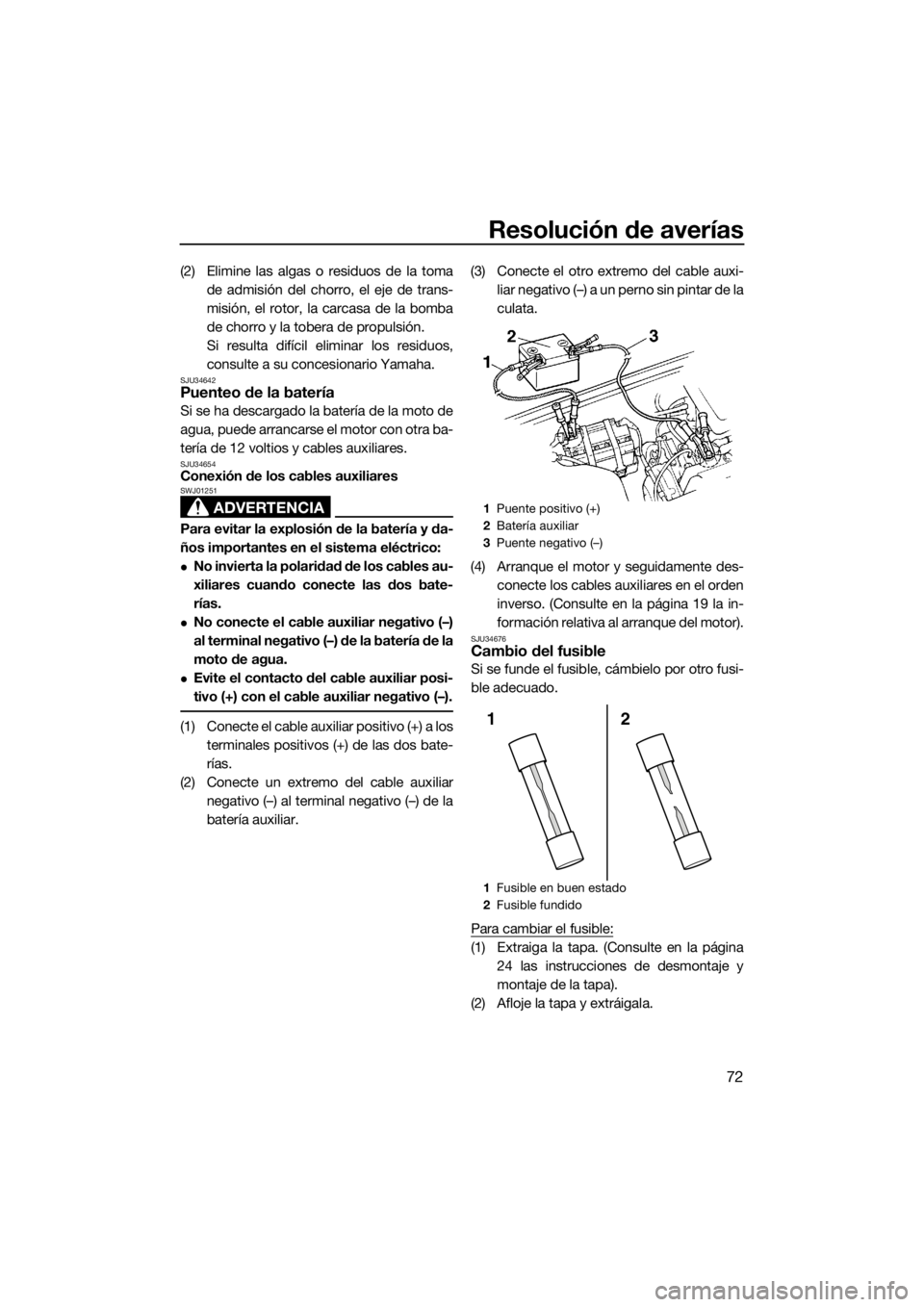 YAMAHA SUPERJET 2015 Manuale de Empleo (in Spanish) Resolución de averías
72
(2) Elimine las algas o residuos de la tomade admisión del chorro, el eje de trans-
misión, el rotor, la carcasa de la bomba
de chorro y la tobera de propulsión.
Si resul YAMAHA SUPERJET 2015 Manuale de Empleo (in Spanish) Resolución de averías
72
(2) Elimine las algas o residuos de la tomade admisión del chorro, el eje de trans-
misión, el rotor, la carcasa de la bomba
de chorro y la tobera de propulsión.
Si resul