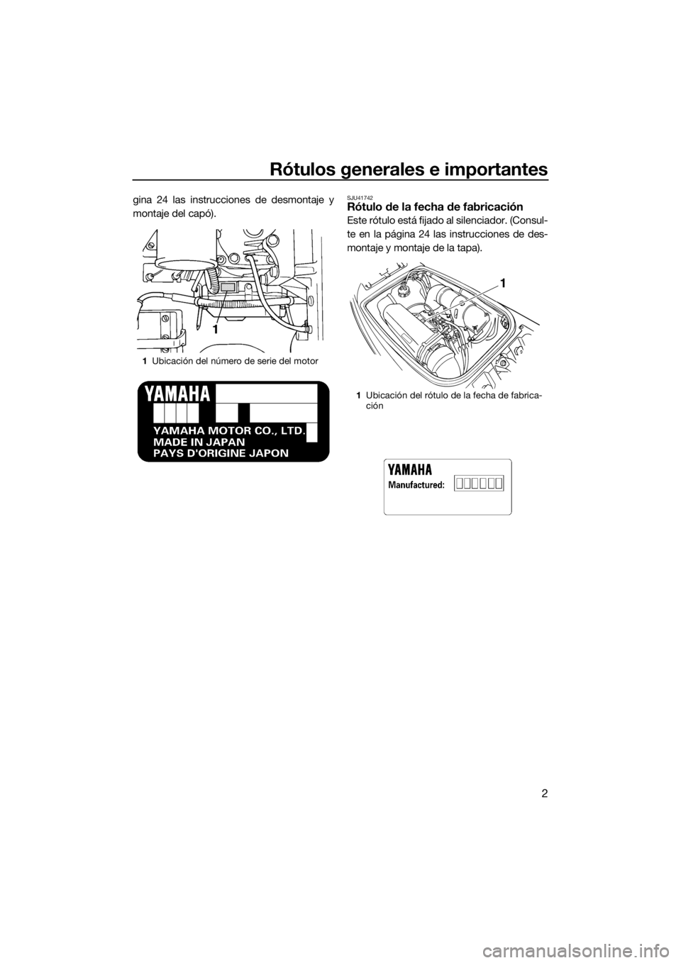 YAMAHA SUPERJET 2015 Manuale de Empleo (in Spanish) Rótulos generales e importantes
2
gina 24 las instrucciones de desmontaje y
montaje del capó).SJU41742Rótulo de la fecha de fabricación
Este rótulo está fijado al silenciador. (Consul-
te en la YAMAHA SUPERJET 2015 Manuale de Empleo (in Spanish) Rótulos generales e importantes
2
gina 24 las instrucciones de desmontaje y
montaje del capó).SJU41742Rótulo de la fecha de fabricación
Este rótulo está fijado al silenciador. (Consul-
te en la