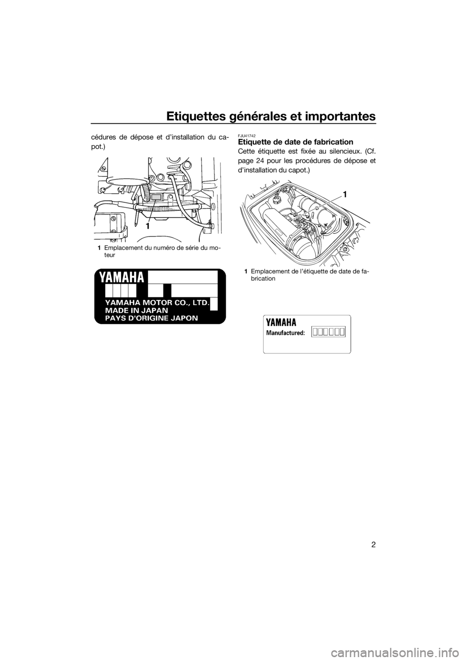 YAMAHA SUPERJET 2015  Notices Demploi (in French) Etiquettes générales et importantes
2
cédures de dépose et d’installation du ca-
pot.)FJU41742Etiquette de date de fabrication
Cette étiquette est fixée au silencieux. (Cf.
page 24 pour les pr