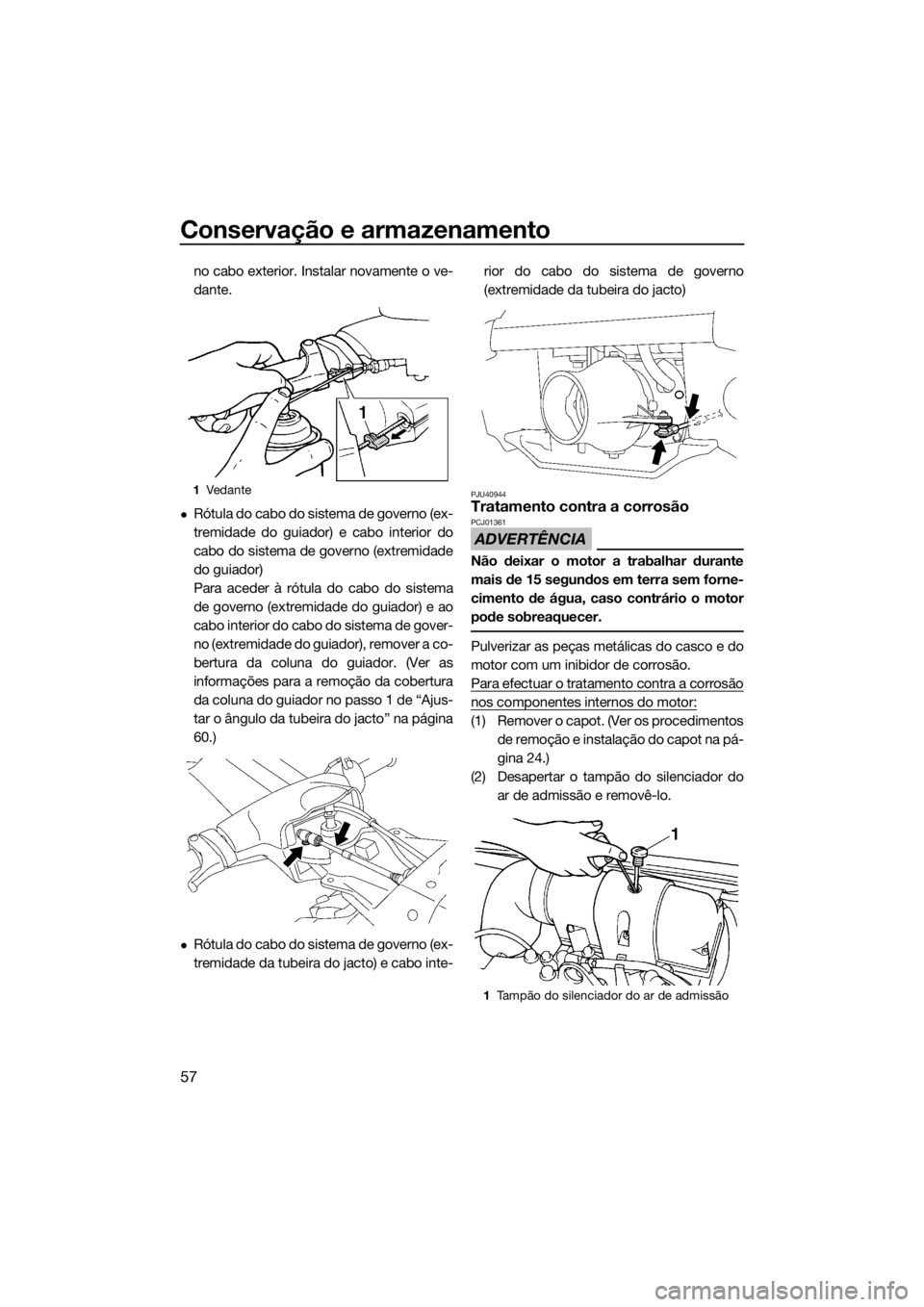 YAMAHA SUPERJET 2015 Manual de utilização (in Portuguese) Conservação e armazenamento
57
no cabo exterior. Instalar novamente o ve-
dante.
Rótula do cabo do sistema de governo (ex-
tremidade do guiador) e cabo interior do
cabo do sistema de governo (ex YAMAHA SUPERJET 2015 Manual de utilização (in Portuguese) Conservação e armazenamento
57
no cabo exterior. Instalar novamente o ve-
dante.
Rótula do cabo do sistema de governo (ex-
tremidade do guiador) e cabo interior do
cabo do sistema de governo (ex