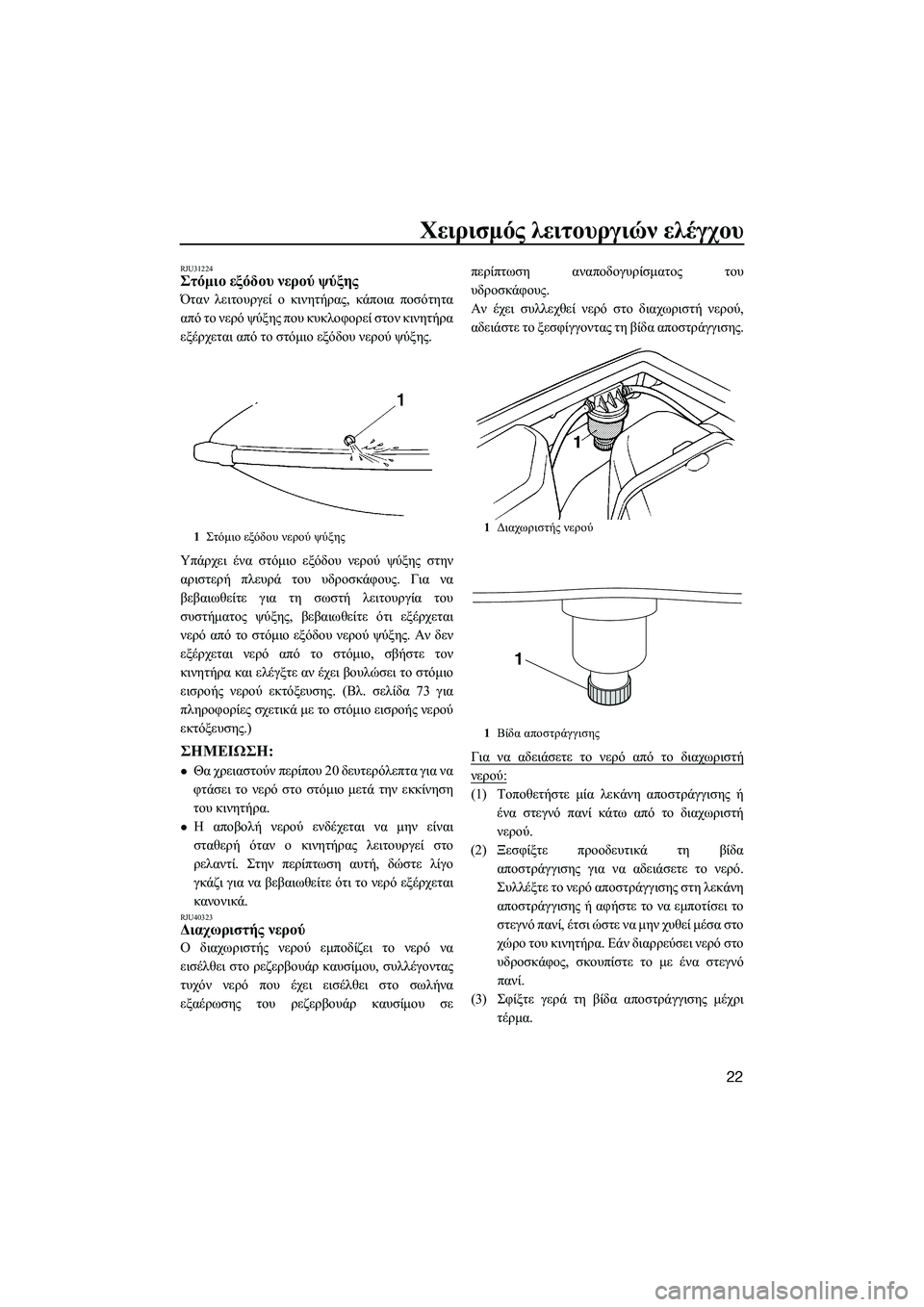 YAMAHA SUPERJET 2014  Manuale duso (in Italian) Χειρισμός λειτουργιών  ελέγχου
22
RJU31224Στόμιο  εξόδου  νερού  ψύξης
Όταν  λειτουργεί  ο  κινητήρας , κάποια  ποσό