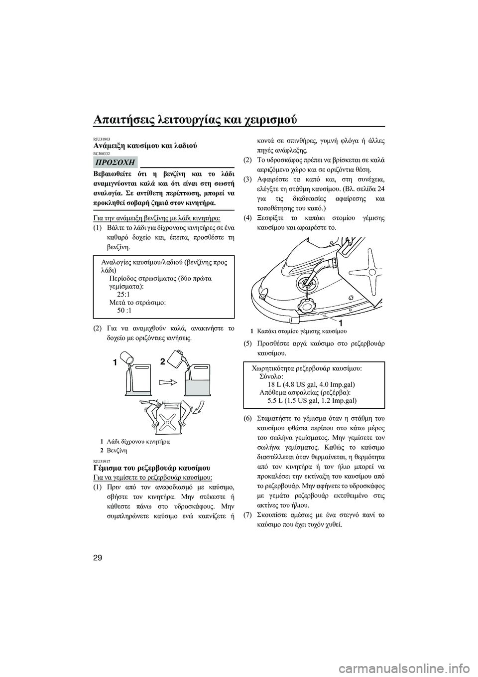 YAMAHA SUPERJET 2014 Manuale duso (in Italian) Απαιτήσεις λειτουργίας και χειρισμού
29
RJU31903Ανάμειξη καυσίμου και λαδιού
ΠΡΟΣΟΧΗ
RCJ00332
Βεβαιωθείτε ότι η YAMAHA SUPERJET 2014 Manuale duso (in Italian) Απαιτήσεις λειτουργίας και χειρισμού
29
RJU31903Ανάμειξη καυσίμου και λαδιού
ΠΡΟΣΟΧΗ
RCJ00332
Βεβαιωθείτε ότι η