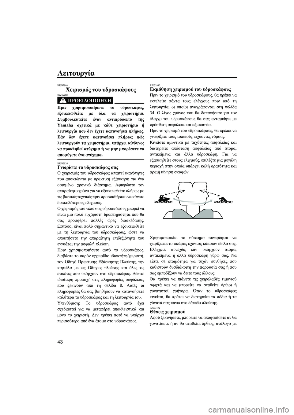 YAMAHA SUPERJET 2014  Manuale duso (in Italian) Λειτουργία
43
RJU32903
Χειρισμός του  υδροσκάφους
ΠΡΟΕΙΔΟΠΟΙΗΣΗ
RWJ00511
Πριν  χρησιμοποιήσετε  το  υδροσκάφος ,
εξοικ