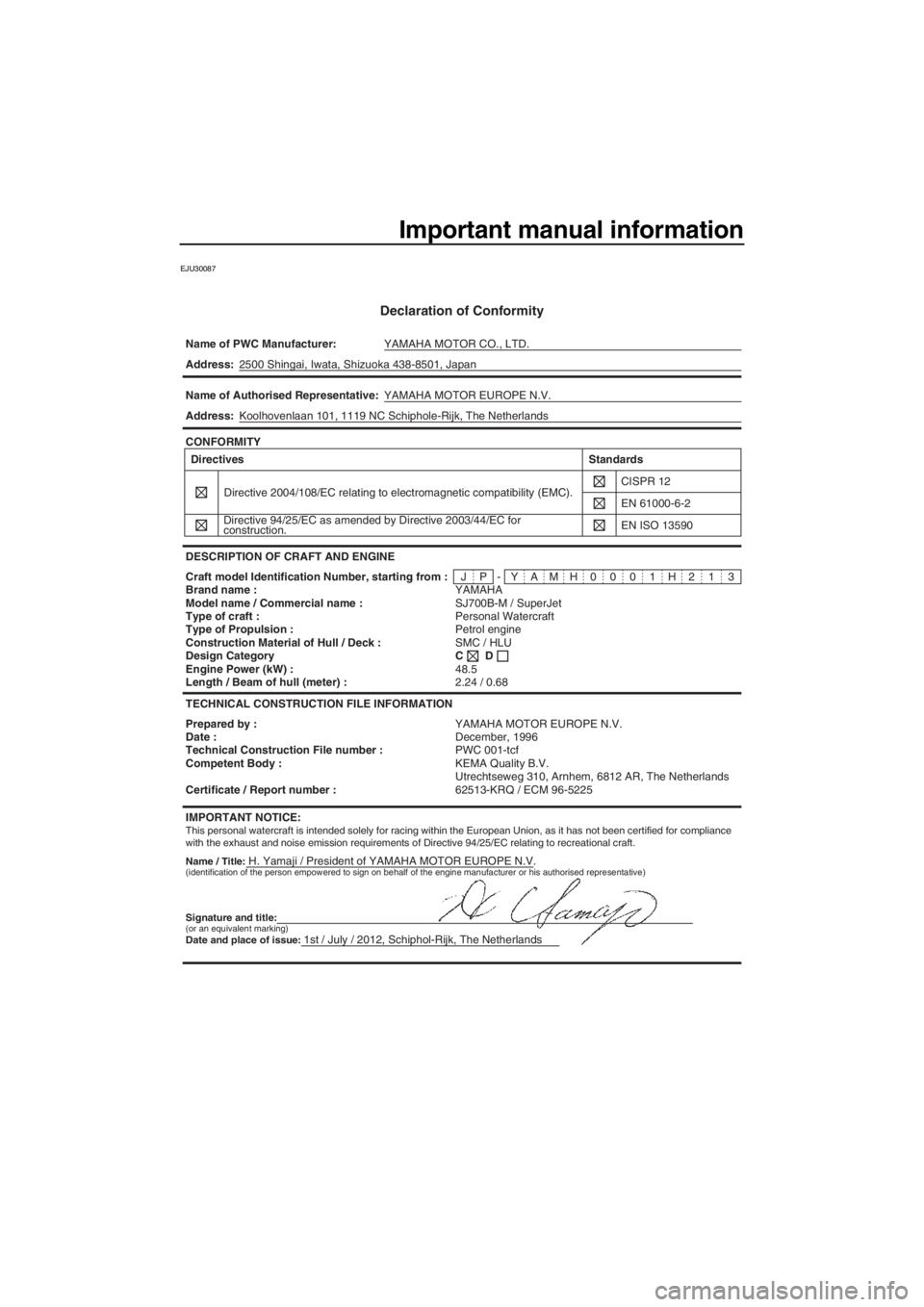 YAMAHA SUPERJET 2013  Owners Manual Important manual information
EJU30087
Declaration of Conformity
Name of PWC Manufacturer:YAMAHA MOTOR CO., LTD.
Name / Title:H. Yamaji / President of YAMAHA MOTOR EUROPE N.V.
Address:
2500 Shingai, Iw