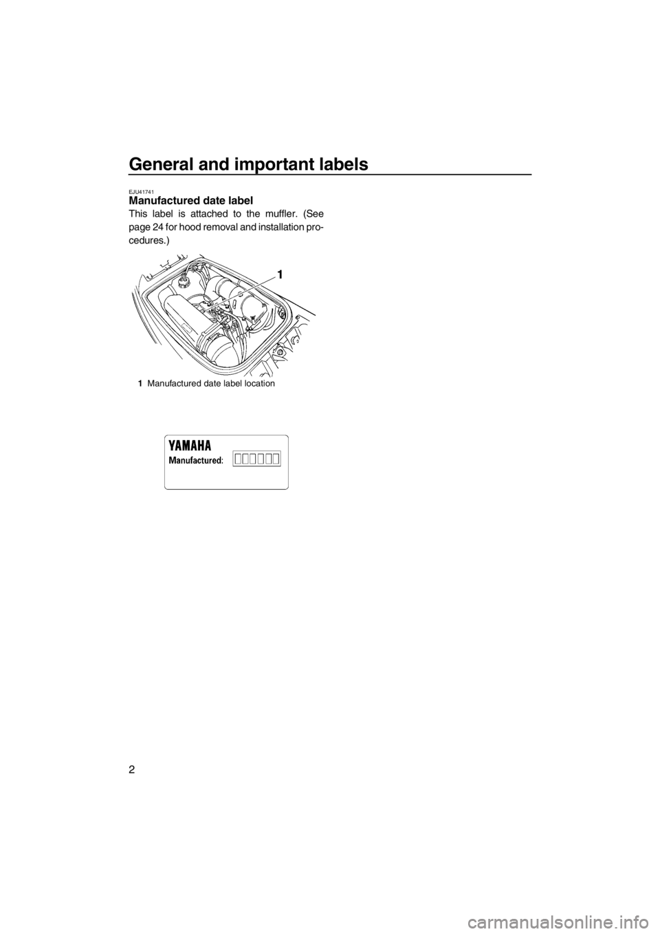 YAMAHA SUPERJET 2013 Owners Manual General and important labels
2
EJU41741Manufactured date label
This label is attached to the muffler. (See
page 24 for hood removal and installation pro-
cedures.)
1Manufactured date label location
U YAMAHA SUPERJET 2013 Owners Manual General and important labels
2
EJU41741Manufactured date label
This label is attached to the muffler. (See
page 24 for hood removal and installation pro-
cedures.)
1Manufactured date label location
U