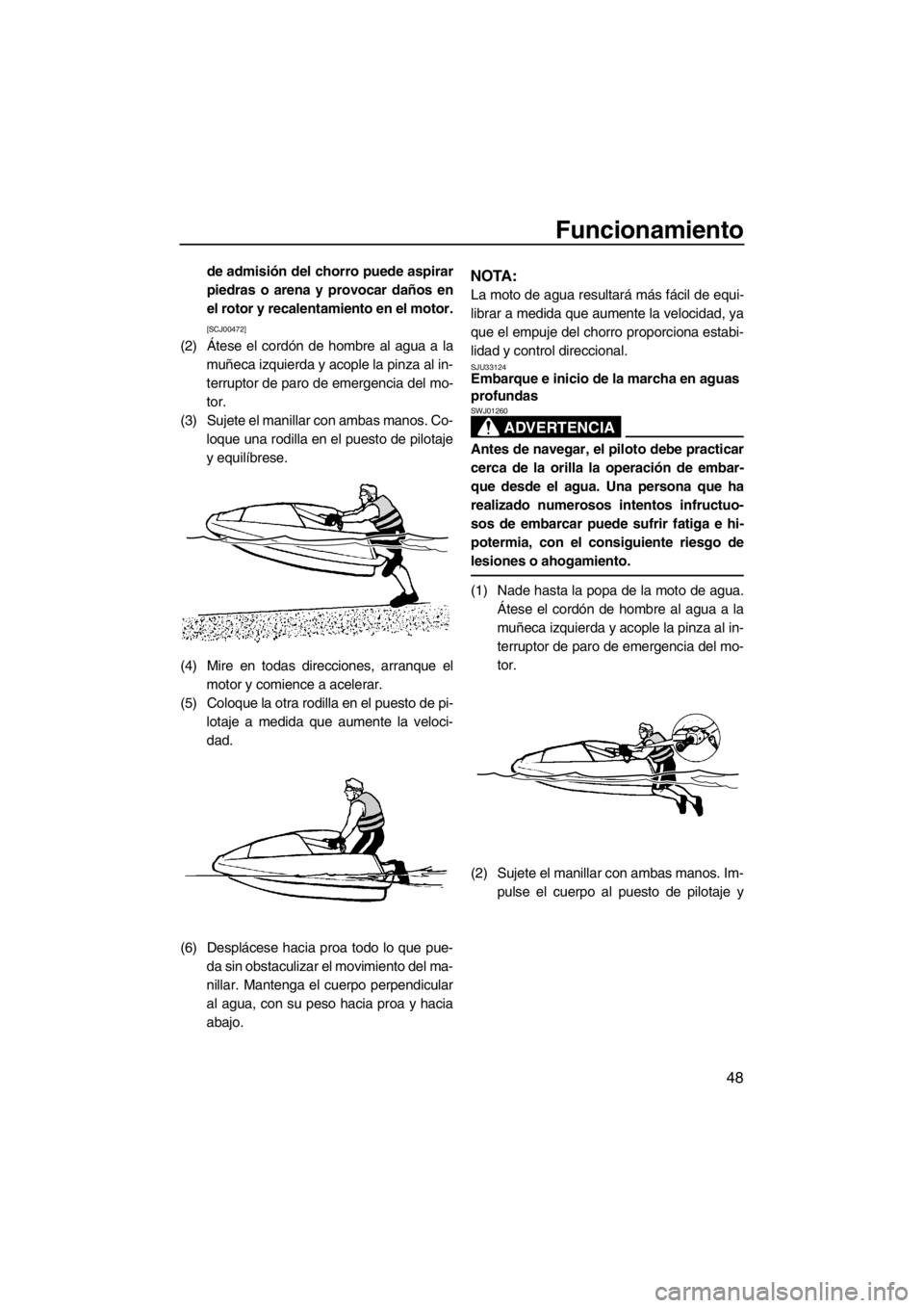 YAMAHA SUPERJET 2013  Manuale de Empleo (in Spanish) Funcionamiento
48
de admisión del chorro puede aspirar
piedras o arena y provocar daños en
el rotor y recalentamiento en el motor.
[SCJ00472]
(2) Átese el cordón de hombre al agua a lamuñeca izqu