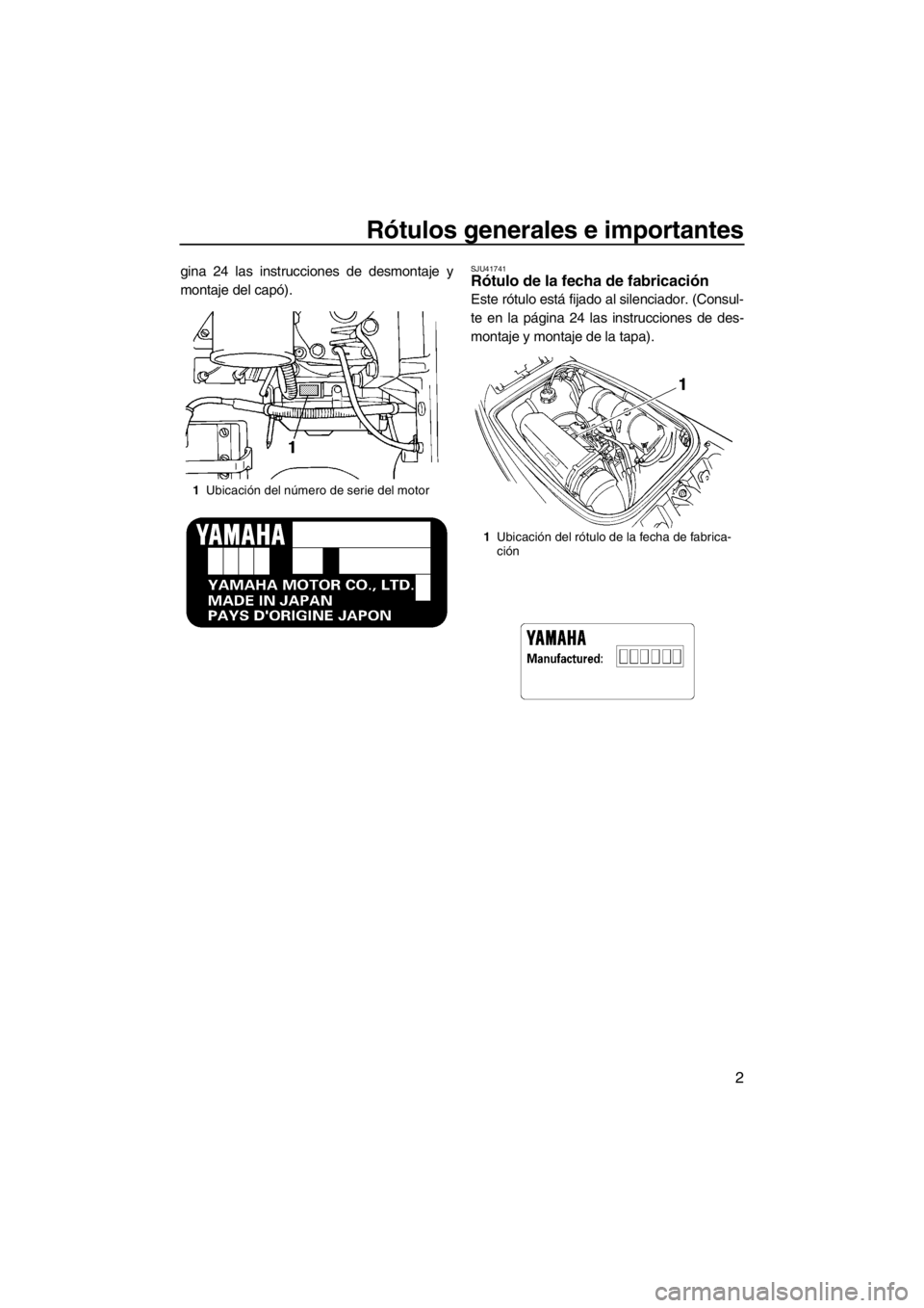 YAMAHA SUPERJET 2013  Manuale de Empleo (in Spanish) Rótulos generales e importantes
2
gina 24 las instrucciones de desmontaje y
montaje del capó).SJU41741Rótulo de la fecha de fabricación 
Este rótulo está fijado al silenciador. (Consul-
te en la