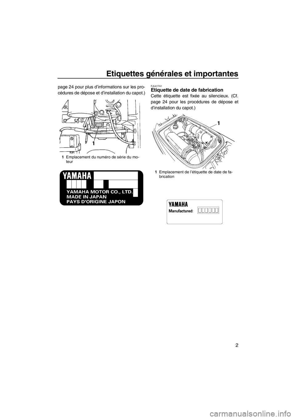 YAMAHA SUPERJET 2013  Notices Demploi (in French) Etiquettes générales et importantes
2
page 24 pour plus d’informations sur les pro-
cédures de dépose et d’installation du capot.)FJU41741Etiquette de date de fabrication 
Cette étiquette est