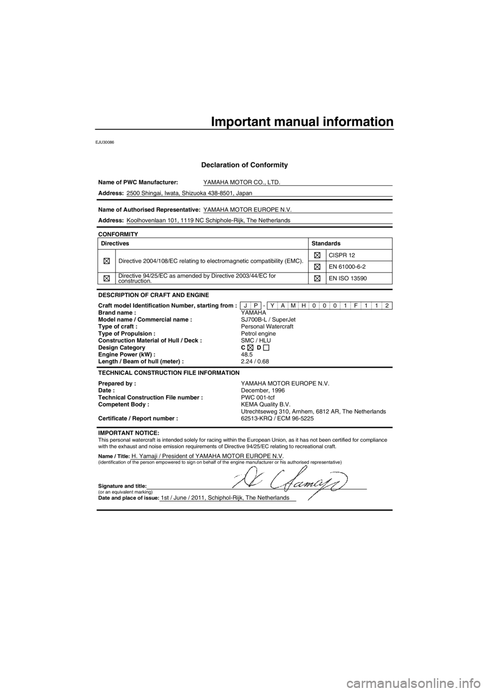 YAMAHA SUPERJET 2012 Owners Manual Important manual information
EJU30086
Declaration of Conformity
Name of PWC Manufacturer:YAMAHA MOTOR CO., LTD.
Name / Title:H. Yamaji / President of YAMAHA MOTOR EUROPE N.V. Address:2500 Shingai, Iwa YAMAHA SUPERJET 2012 Owners Manual Important manual information
EJU30086
Declaration of Conformity
Name of PWC Manufacturer:YAMAHA MOTOR CO., LTD.
Name / Title:H. Yamaji / President of YAMAHA MOTOR EUROPE N.V. Address:2500 Shingai, Iwa