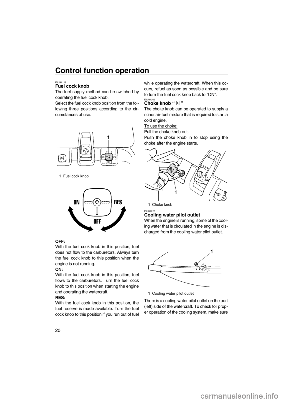 YAMAHA SUPERJET 2012 Owners Manual Control function operation
20
EJU31123Fuel cock knob 
The fuel supply method can be switched by
operating the fuel cock knob.
Select the fuel cock knob position from the fol-
lowing three positions ac