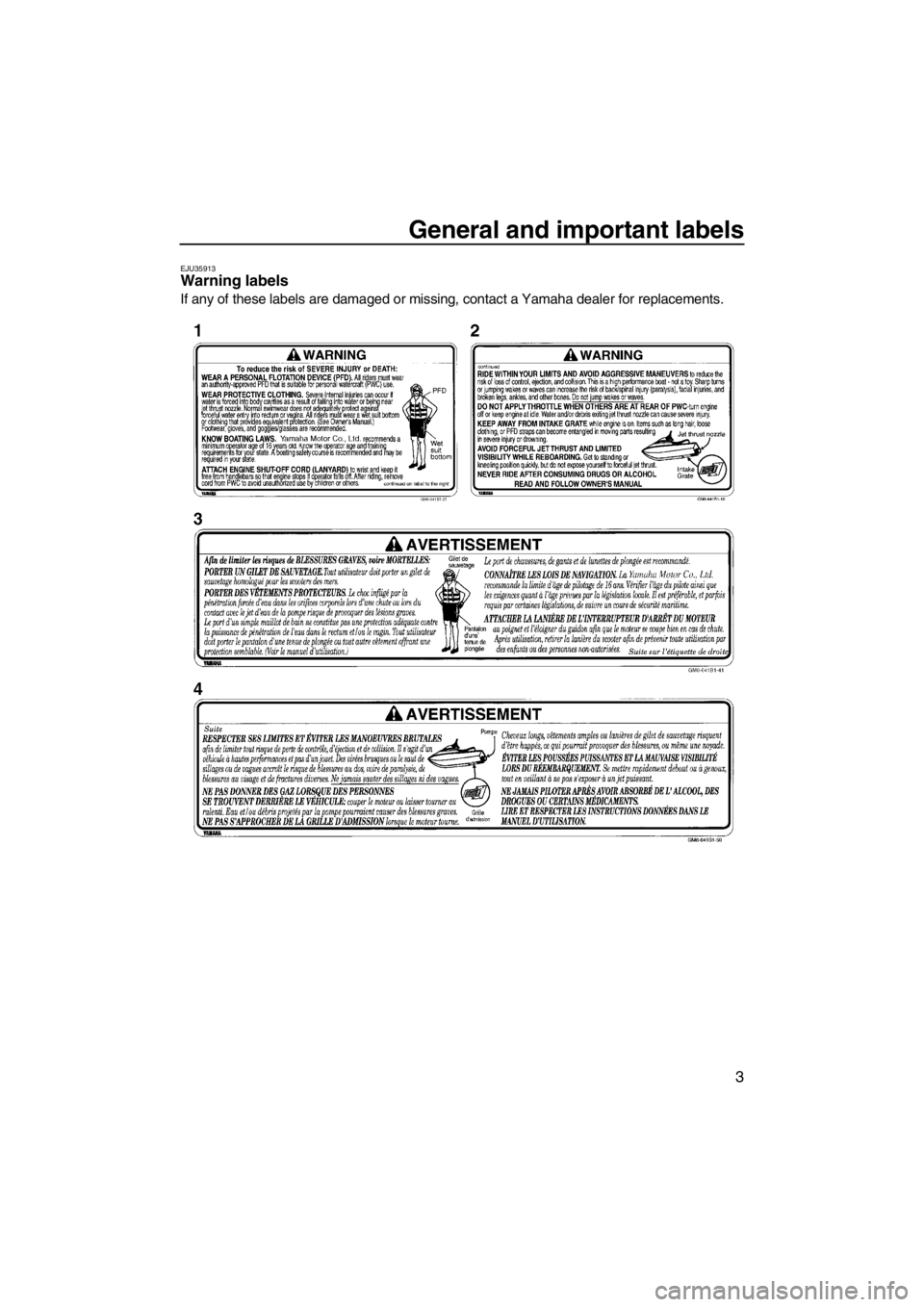 YAMAHA SUPERJET 2012 Owners Manual General and important labels
3
EJU35913Warning labels
If any of these labels are damaged or missing, contact a Yamaha dealer for replacements.
UF2F74E0.book Page 3 Tuesday, May 24, 2011 8:42 AM YAMAHA SUPERJET 2012 Owners Manual General and important labels
3
EJU35913Warning labels
If any of these labels are damaged or missing, contact a Yamaha dealer for replacements.
UF2F74E0.book Page 3 Tuesday, May 24, 2011 8:42 AM