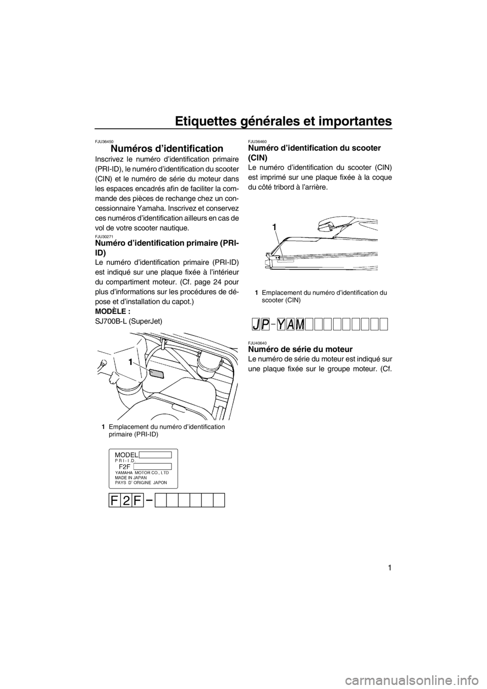YAMAHA SUPERJET 2012 Notices Demploi (in French) Etiquettes générales et importantes
1
FJU36450
Numéros d’identification
Inscrivez le numéro d’identification primaire
(PRI-ID), le numéro d’identification du scooter
(CIN) et le numéro de YAMAHA SUPERJET 2012 Notices Demploi (in French) Etiquettes générales et importantes
1
FJU36450
Numéros d’identification
Inscrivez le numéro d’identification primaire
(PRI-ID), le numéro d’identification du scooter
(CIN) et le numéro de