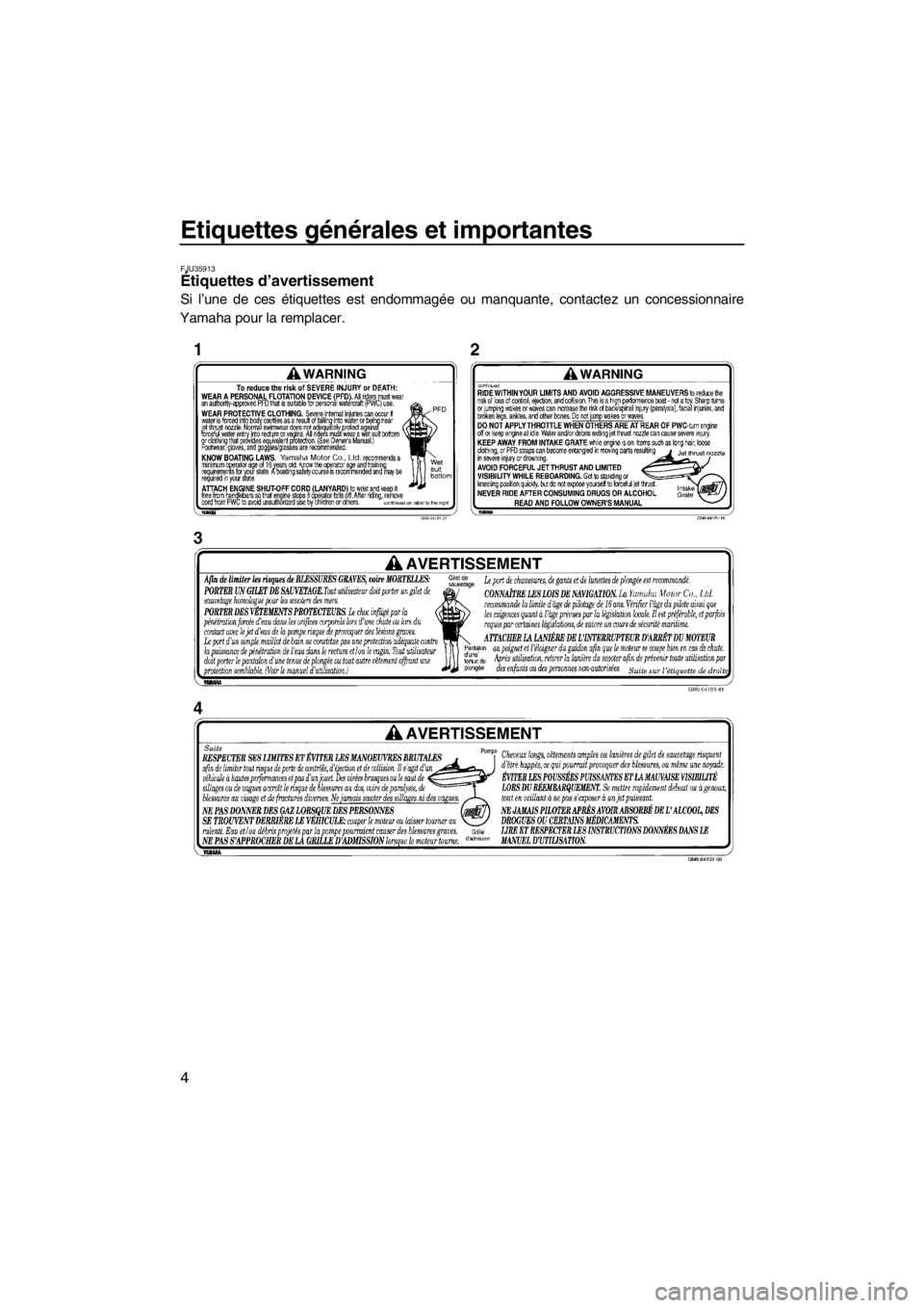 YAMAHA SUPERJET 2012  Notices Demploi (in French) Etiquettes générales et importantes
4
FJU35913Étiquettes d’avertissement 
Si l’une de ces étiquettes est endommagée ou manquante, contactez un concessionnaire
Yamaha pour la remplacer.
UF2F74