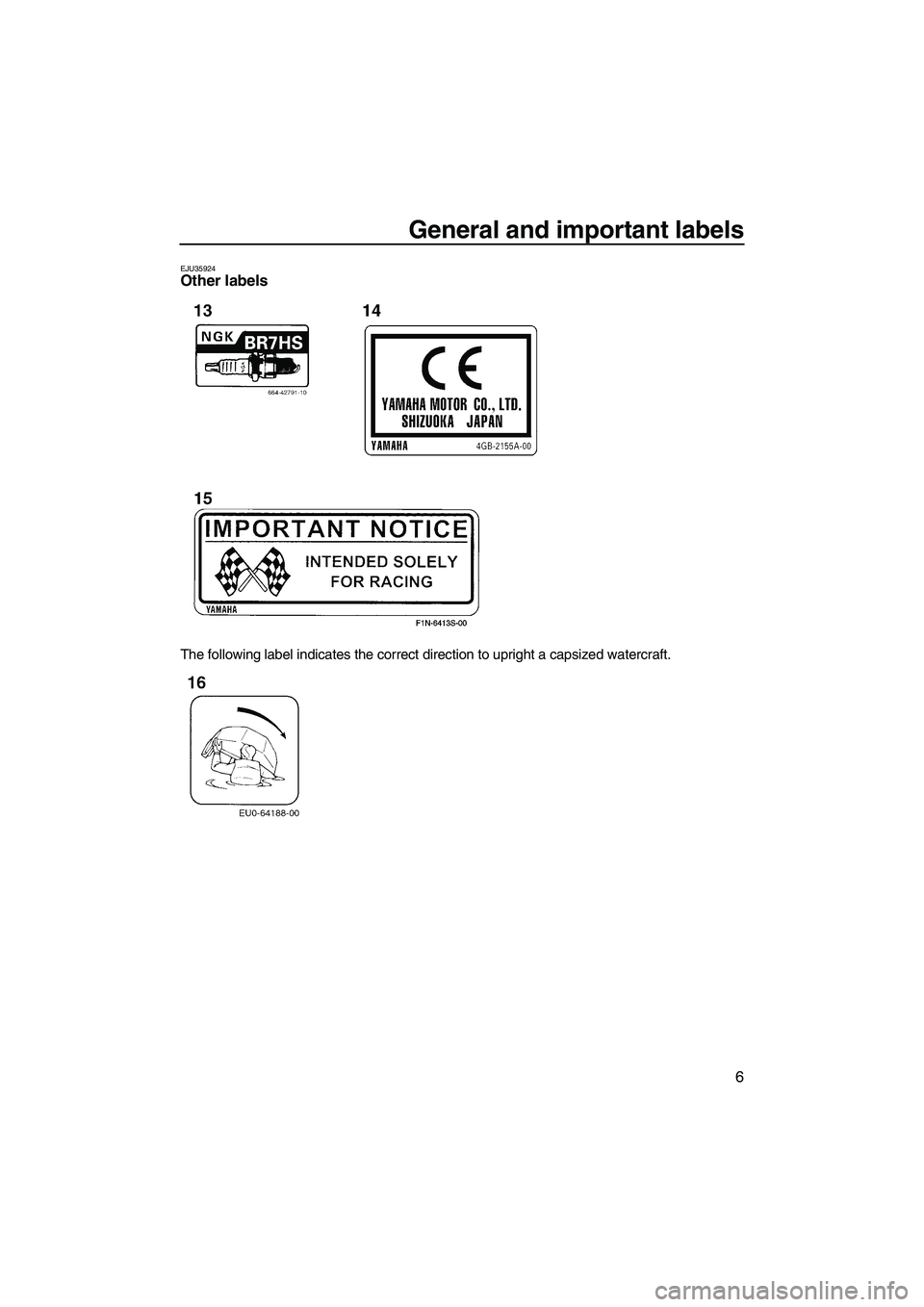 YAMAHA SUPERJET 2010 User Guide General and important labels
6
EJU35924Other labels 
The following label indicates the correct direction to upright a capsized watercraft.
UF2F72E0.book  Page 6  Friday, May 22, 2009  5:11 PM 