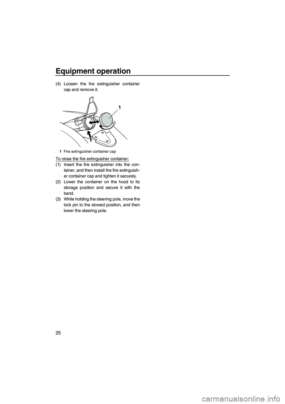 YAMAHA SUPERJET 2010 Owners Guide Equipment operation
25
(4) Loosen the fire extinguisher container
cap and remove it.
To close the fire extinguisher container:
(1) Insert the fire extinguisher into the con-
tainer, and then install t
