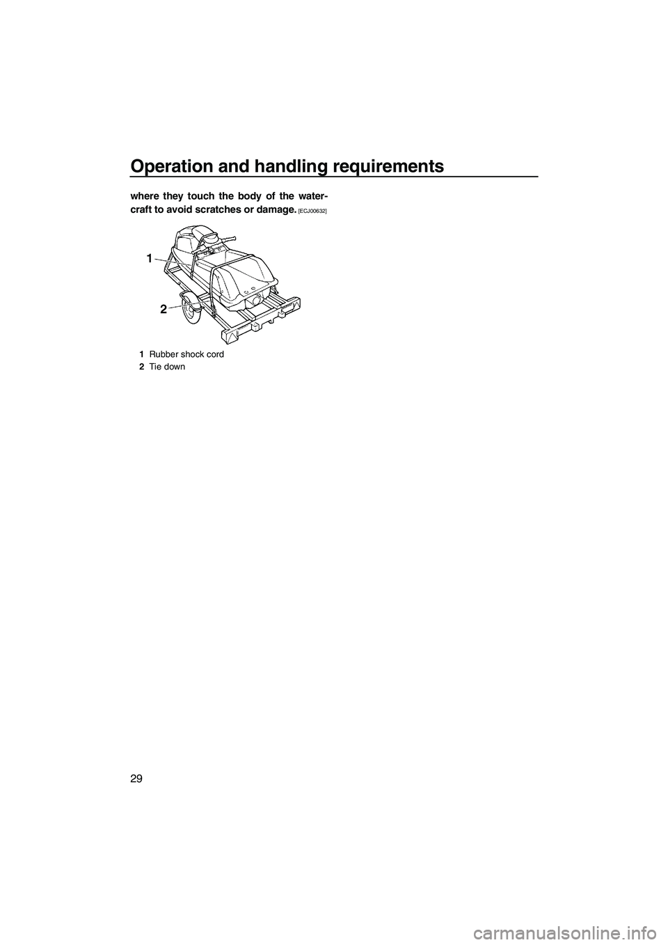 YAMAHA SUPERJET 2010 Owners Guide Operation and handling requirements
29
where they touch the body of the water-
craft to avoid scratches or damage.
 [ECJ00632]
1Rubber shock cord
2Tie down
UF2F72E0.book  Page 29  Friday, May 22, 2009