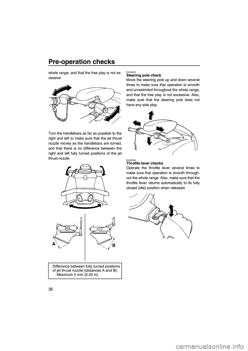 YAMAHA SUPERJET 2010 Service Manual Pre-operation checks
35
whole range, and that the free play is not ex-
cessive.
Turn the handlebars as far as possible to the
right and left to make sure that the jet thrust
nozzle moves as the handle YAMAHA SUPERJET 2010 Service Manual Pre-operation checks
35
whole range, and that the free play is not ex-
cessive.
Turn the handlebars as far as possible to the
right and left to make sure that the jet thrust
nozzle moves as the handle