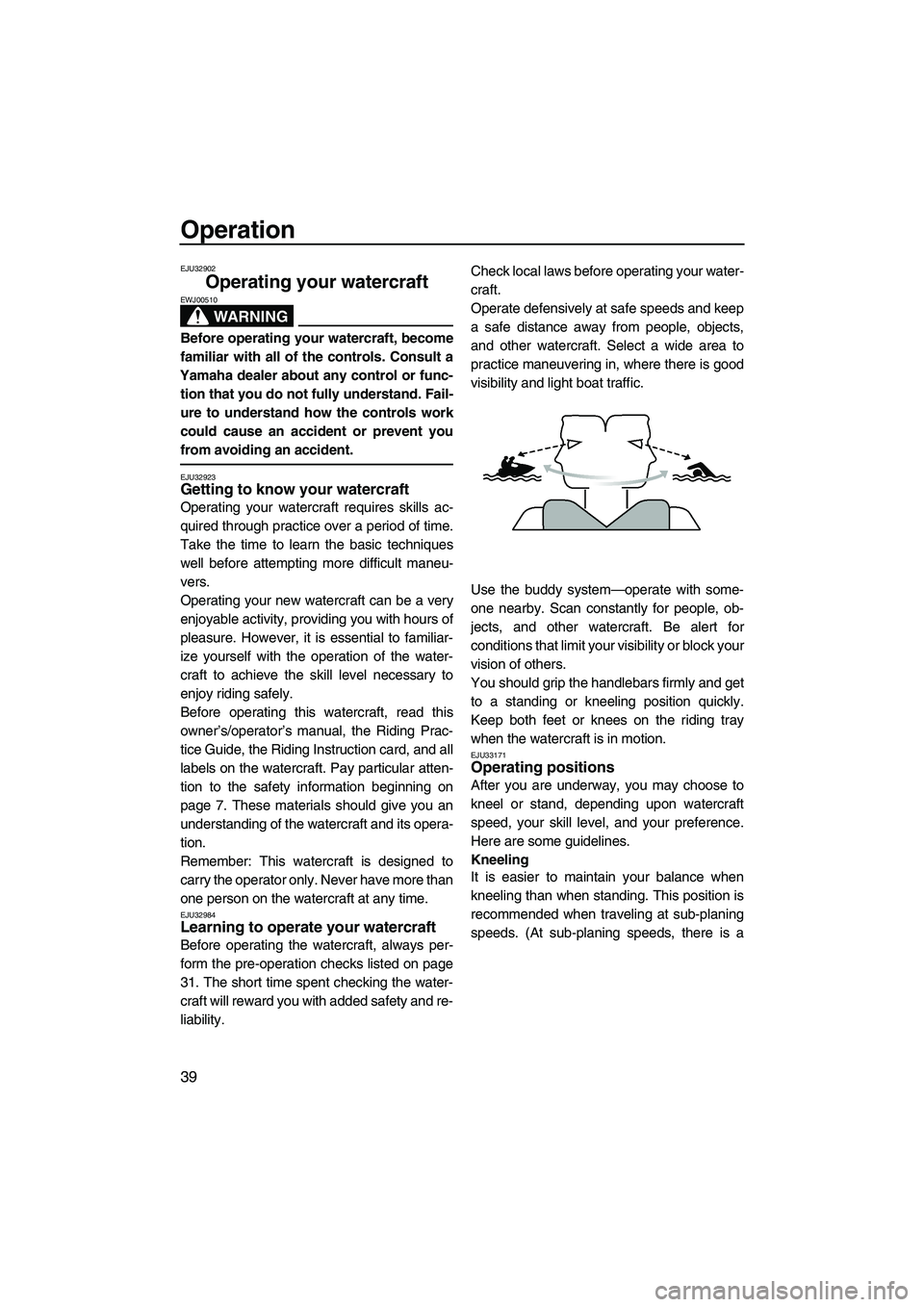 YAMAHA SUPERJET 2010 Service Manual Operation
39
EJU32902
Operating your watercraft
WARNING
EWJ00510
Before operating your watercraft, become
familiar with all of the controls. Consult a
Yamaha dealer about any control or func-
tion th YAMAHA SUPERJET 2010 Service Manual Operation
39
EJU32902
Operating your watercraft
WARNING
EWJ00510
Before operating your watercraft, become
familiar with all of the controls. Consult a
Yamaha dealer about any control or func-
tion th