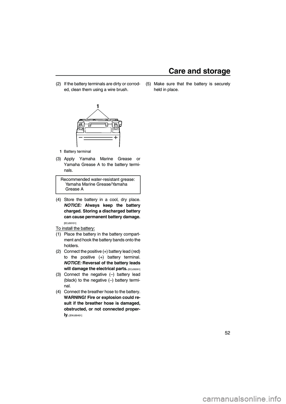 YAMAHA SUPERJET 2010 Workshop Manual Care and storage
52
(2) If the battery terminals are dirty or corrod-
ed, clean them using a wire brush.
(3) Apply Yamaha Marine Grease or
Yamaha Grease A to the battery termi-
nals.
(4) Store the bat