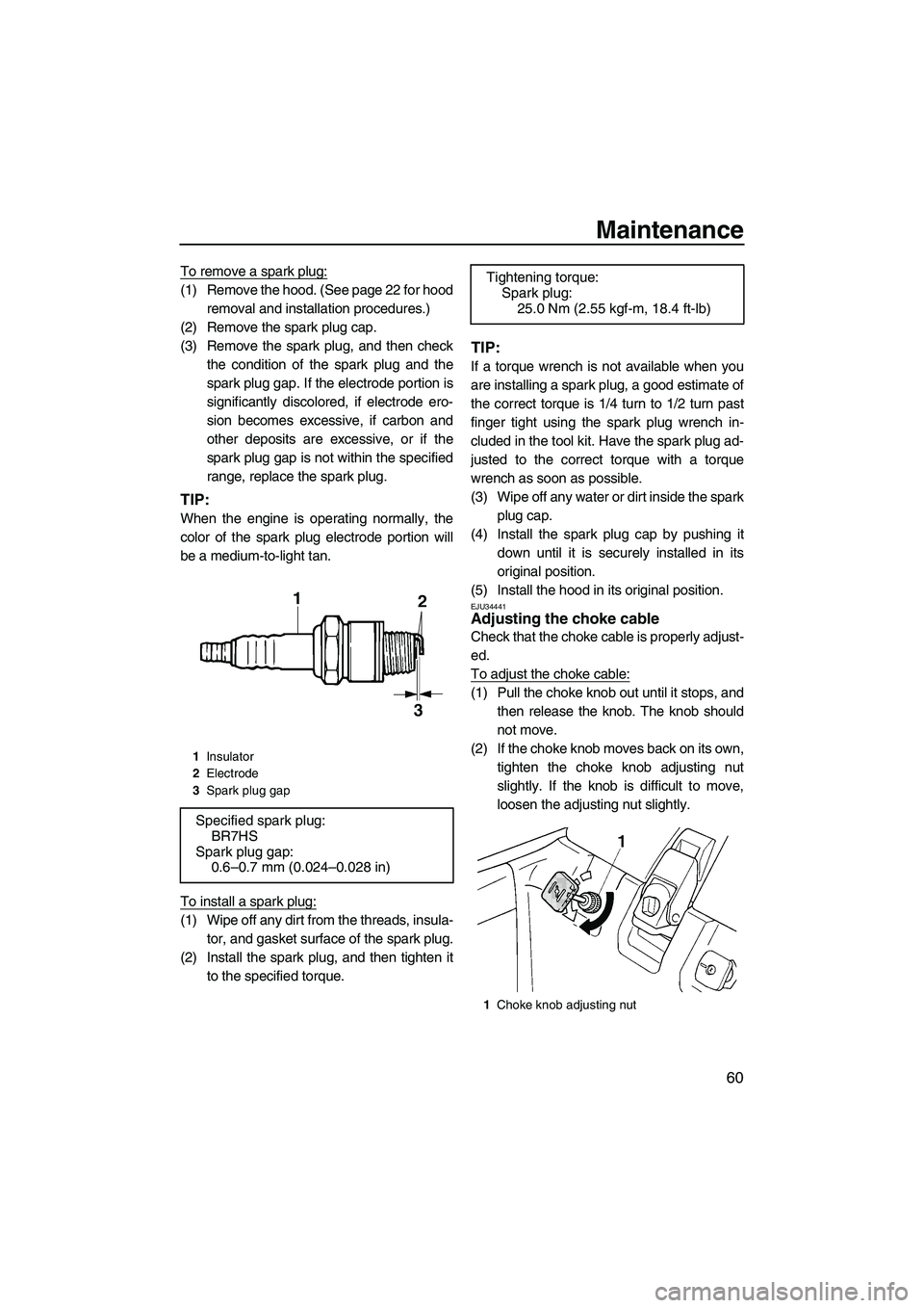 YAMAHA SUPERJET 2010 User Guide Maintenance
60
To remove a spark plug:
(1) Remove the hood. (See page 22 for hood
removal and installation procedures.)
(2) Remove the spark plug cap.
(3) Remove the spark plug, and then check
the con YAMAHA SUPERJET 2010 User Guide Maintenance
60
To remove a spark plug:
(1) Remove the hood. (See page 22 for hood
removal and installation procedures.)
(2) Remove the spark plug cap.
(3) Remove the spark plug, and then check
the con