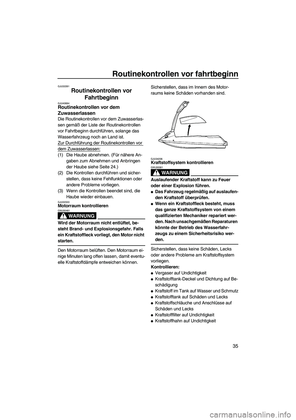 YAMAHA SUPERJET 2010  Betriebsanleitungen (in German) Routinekontrollen vor fahrtbeginn
35
GJU32281
Routinekontrollen vor 
Fahrtbeginn 
GJU40684Routinekontrollen vor dem 
Zuwasserlassen 
Die Routinekontrollen vor dem Zuwasserlas-
sen gemäß der Liste de