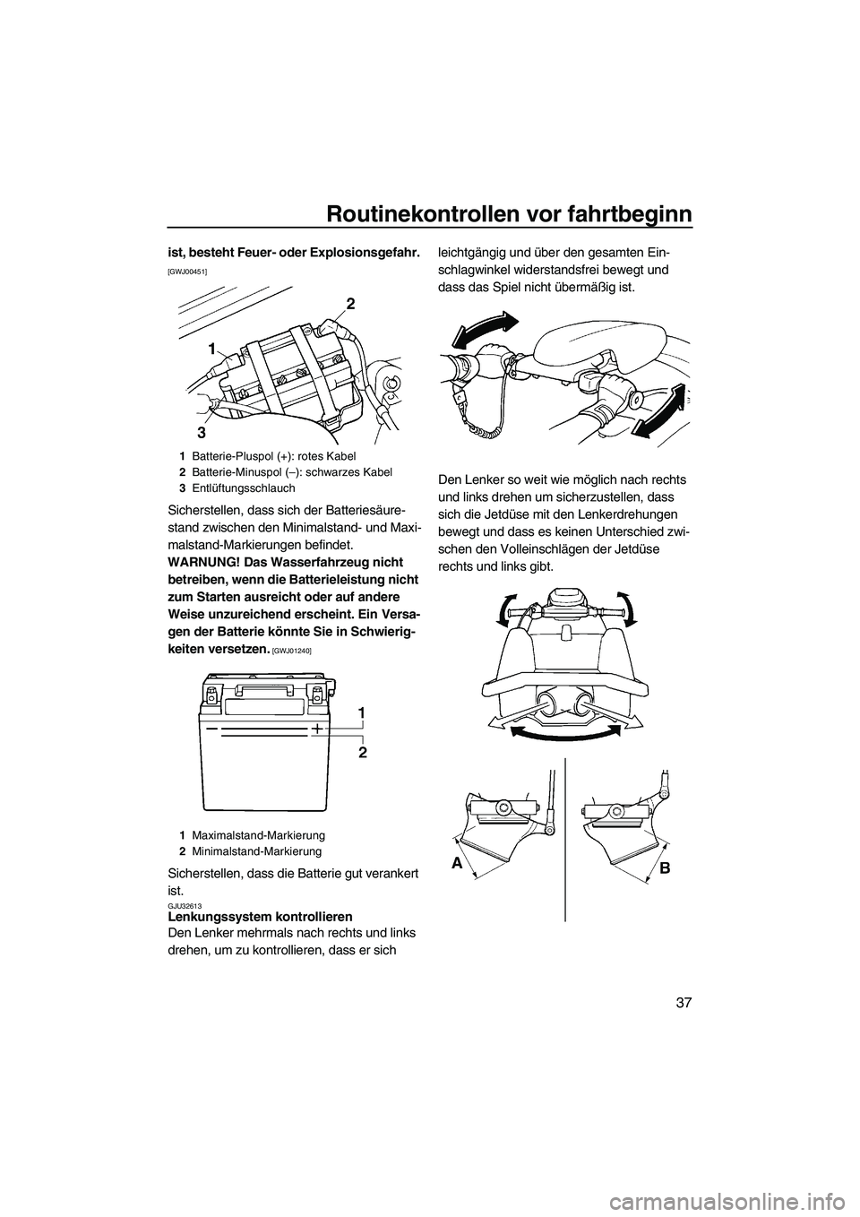 YAMAHA SUPERJET 2010  Betriebsanleitungen (in German) Routinekontrollen vor fahrtbeginn
37
ist, besteht Feuer- oder Explosionsgefahr. 
[GWJ00451]
Sicherstellen, dass sich der Batteriesäure-
stand zwischen den Minimalstand- und Maxi-
malstand-Markierunge