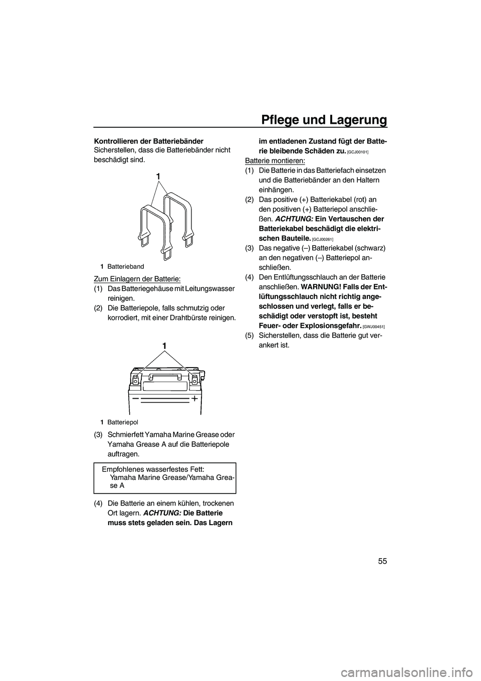 YAMAHA SUPERJET 2010  Betriebsanleitungen (in German) Pflege und Lagerung
55
Kontrollieren der Batteriebänder
Sicherstellen, dass die Batteriebänder nicht 
beschädigt sind.
Zum Einlagern der Batterie:
(1) Das Batteriegehäuse mit Leitungswasser 
reini