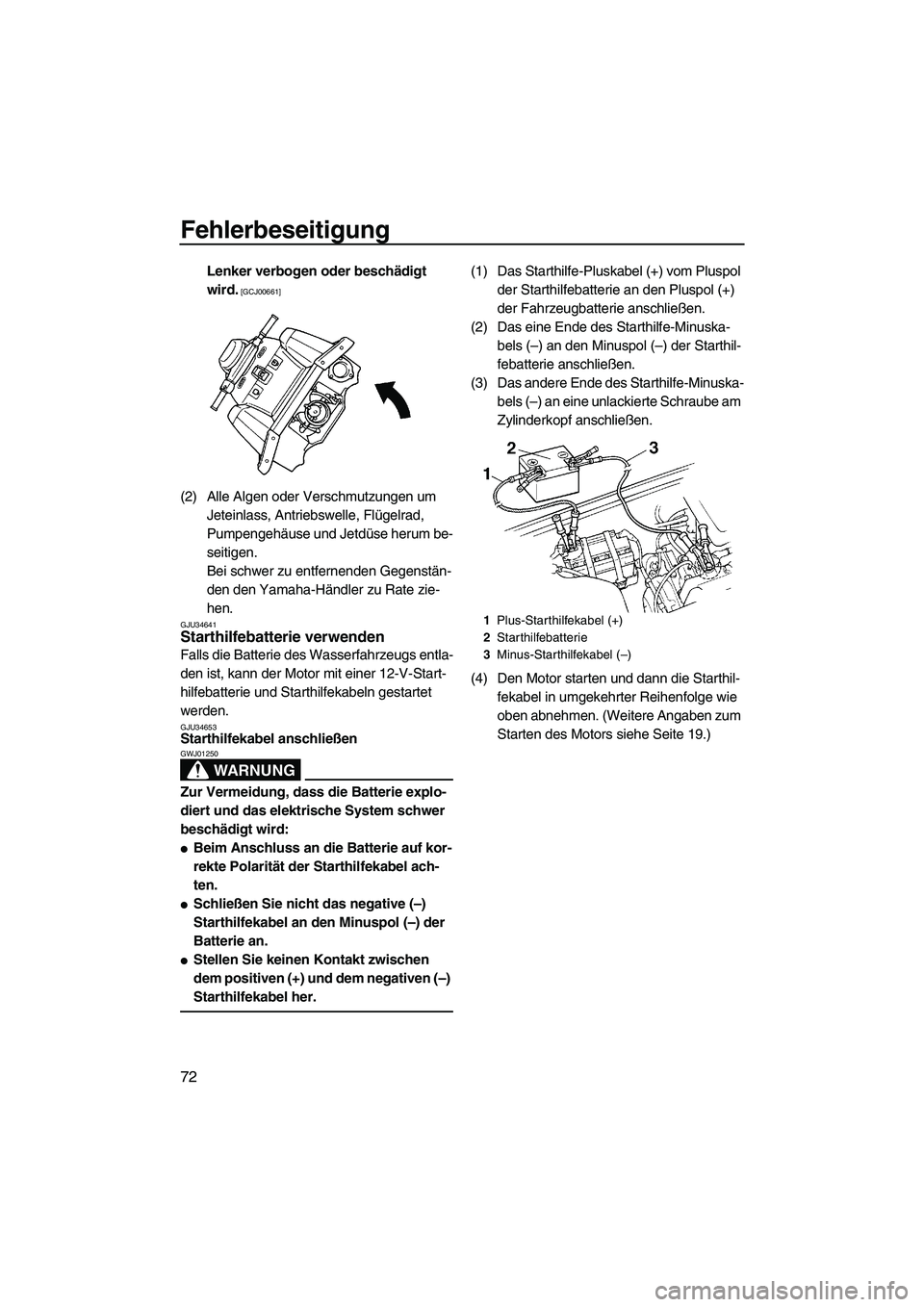YAMAHA SUPERJET 2010  Betriebsanleitungen (in German) Fehlerbeseitigung
72
Lenker verbogen oder beschädigt 
wird.
 [GCJ00661]
(2) Alle Algen oder Verschmutzungen um 
Jeteinlass, Antriebswelle, Flügelrad, 
Pumpengehäuse und Jetdüse herum be-
seitigen.