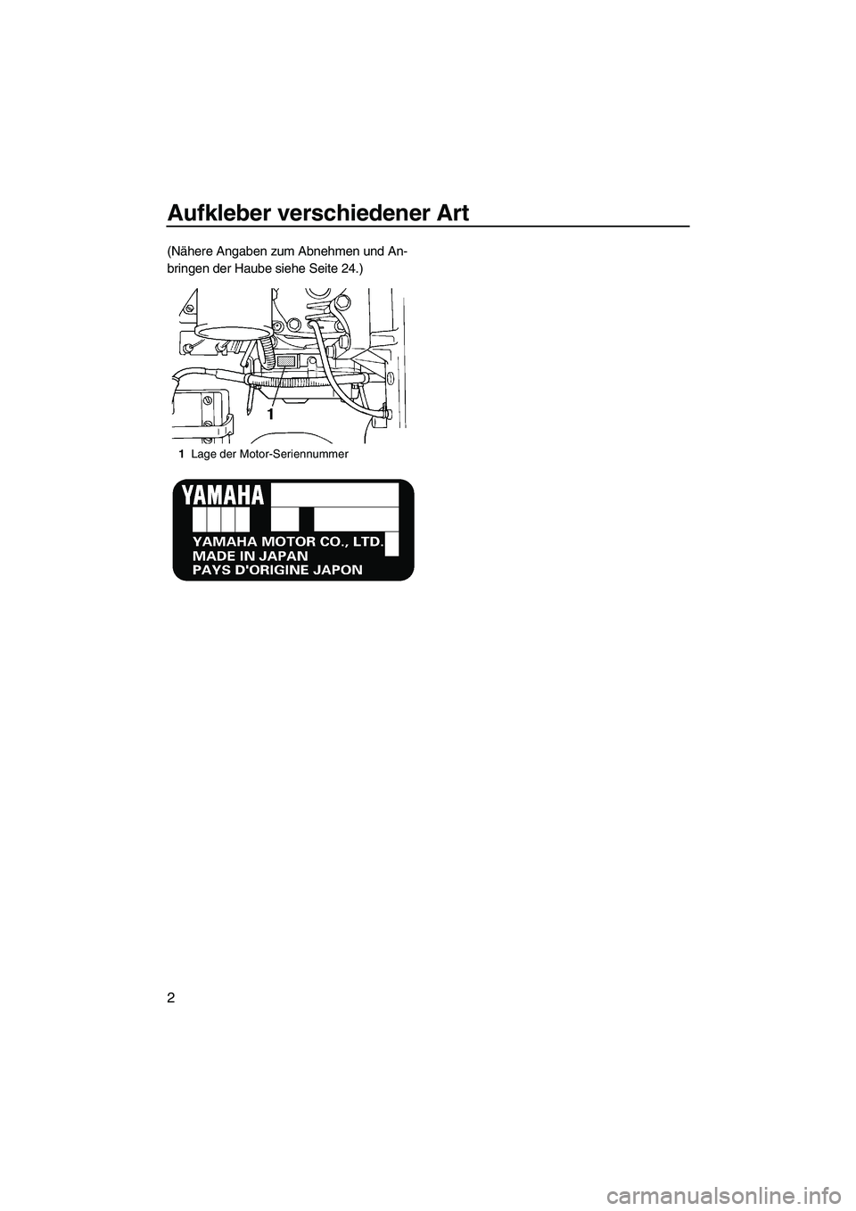 YAMAHA SUPERJET 2010  Betriebsanleitungen (in German) Aufkleber verschiedener Art
2
(Nähere Angaben zum Abnehmen und An-
bringen der Haube siehe Seite 24.)
1Lage der Motor-Seriennummer
UF2F72G0.book  Page 2  Friday, May 29, 2009  9:18 AM 