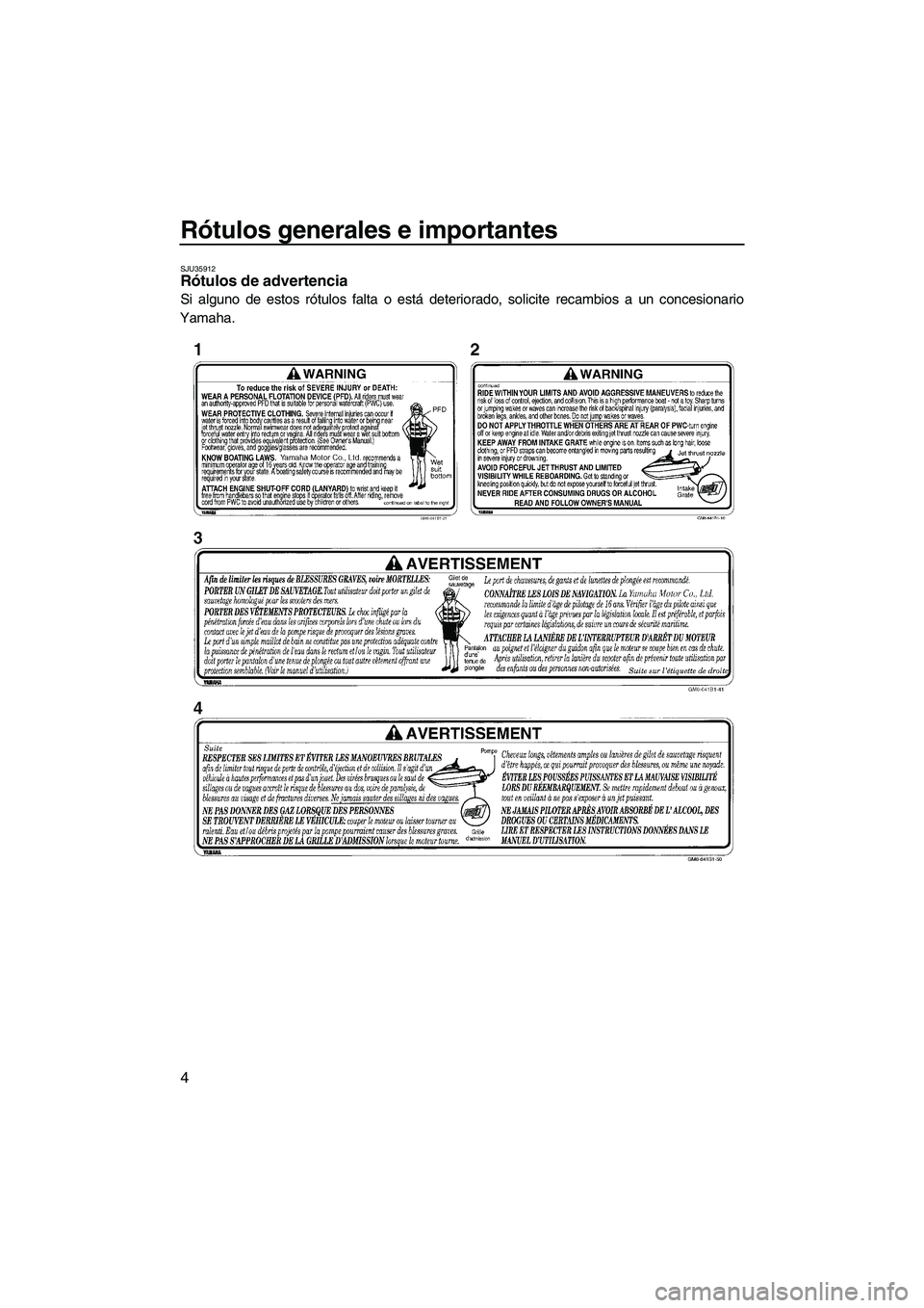 YAMAHA SUPERJET 2010  Manuale de Empleo (in Spanish) Rótulos generales e importantes
4
SJU35912Rótulos de advertencia 
Si alguno de estos rótulos falta o está deteriorado, solicite recambios a un concesionario
Yamaha.
UF2F72S0.book  Page 4  Tuesday,