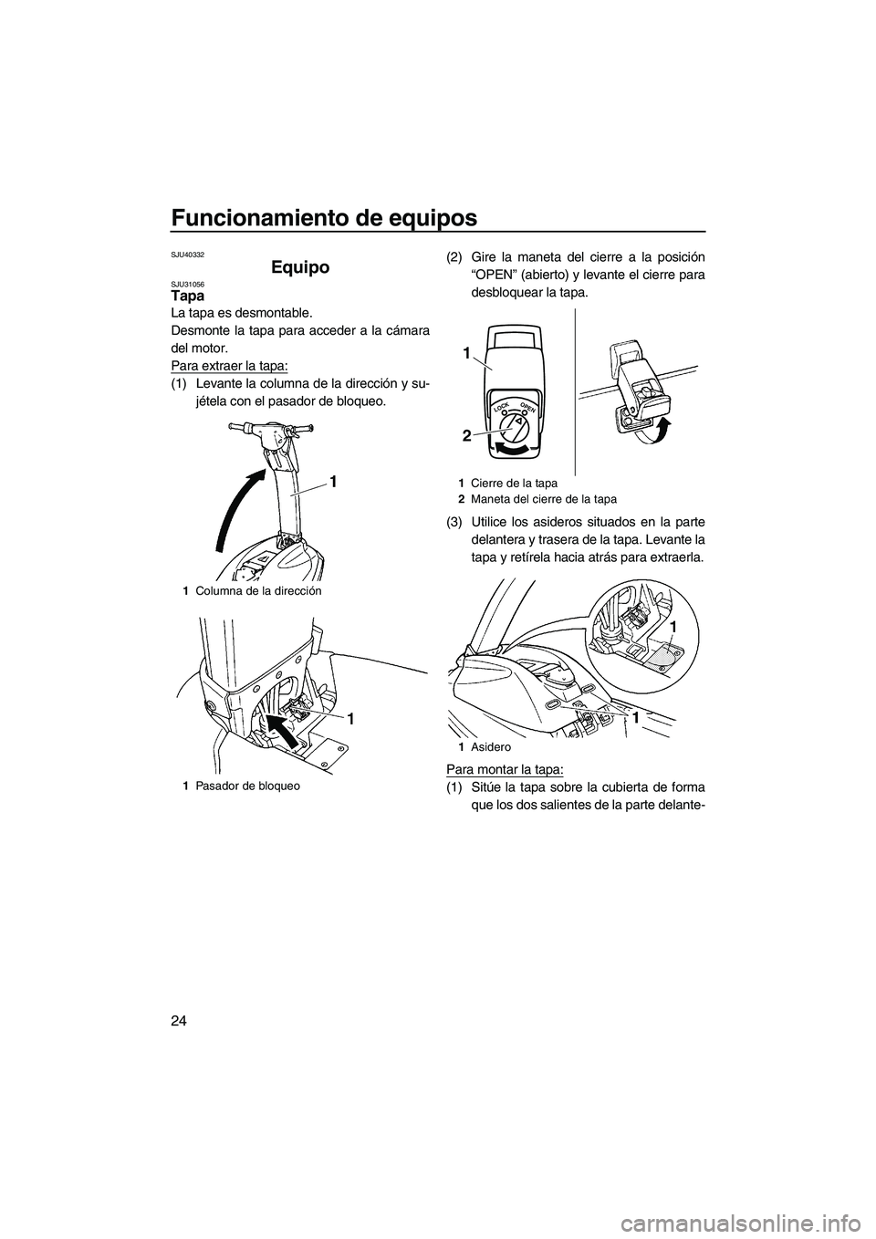 YAMAHA SUPERJET 2010  Manuale de Empleo (in Spanish) Funcionamiento de equipos
24
SJU40332
Equipo SJU31056Tapa 
La tapa es desmontable.
Desmonte la tapa para acceder a la cámara
del motor.
Para extraer la tapa:
(1) Levante la columna de la dirección y