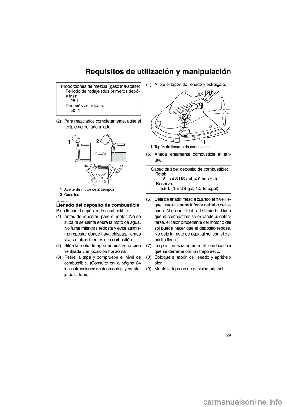 YAMAHA SUPERJET 2010  Manuale de Empleo (in Spanish) Requisitos de utilización y manipulación
29
(2) Para mezclarlos completamente, agite el
recipiente de lado a lado.
SJU31915Llenado del depósito de combustible 
Para llenar el depósito de combustib