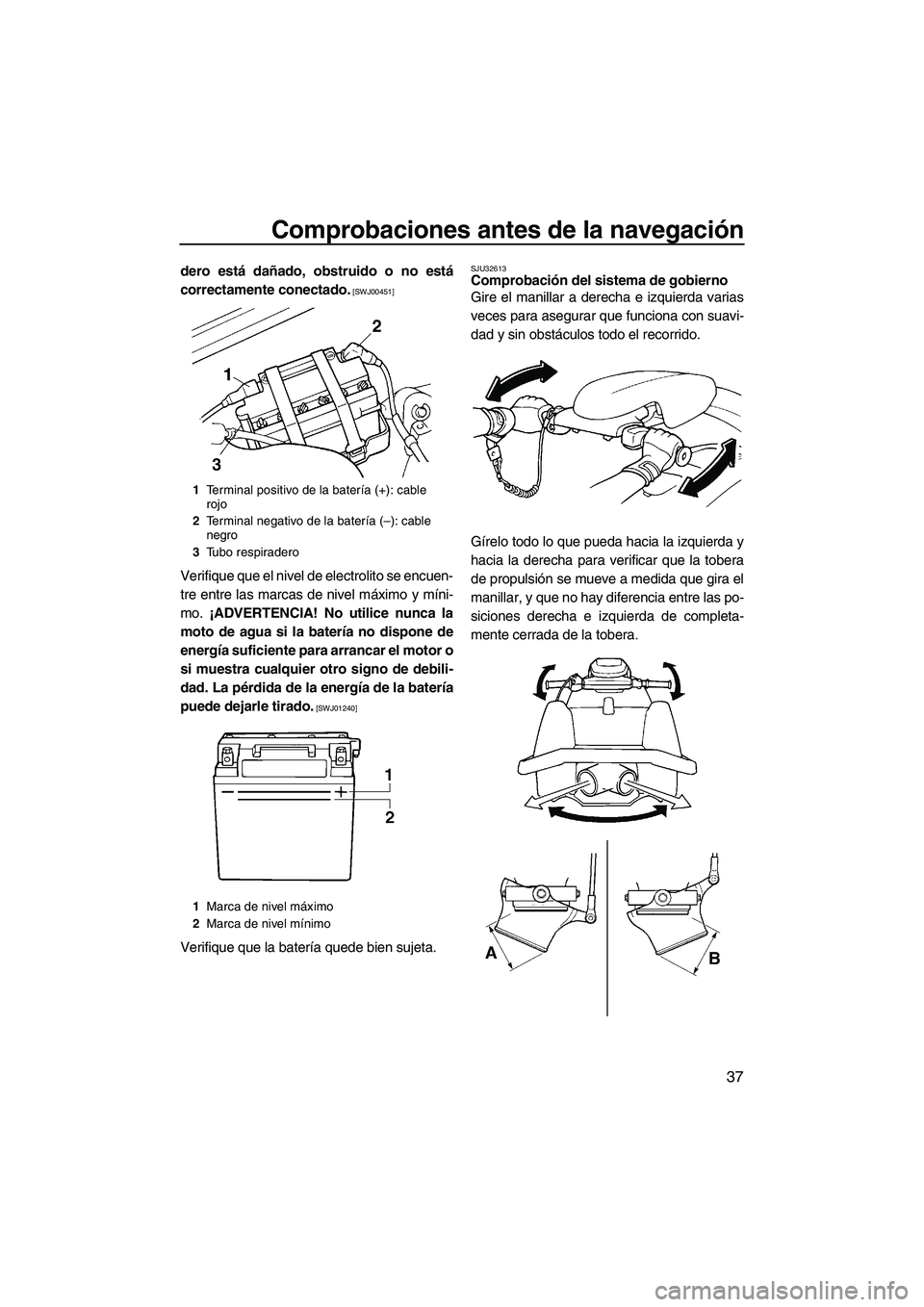 YAMAHA SUPERJET 2010  Manuale de Empleo (in Spanish) Comprobaciones antes de la navegación
37
dero está dañado, obstruido o no está
correctamente conectado.
 [SWJ00451]
Verifique que el nivel de electrolito se encuen-
tre entre las marcas de nivel m
