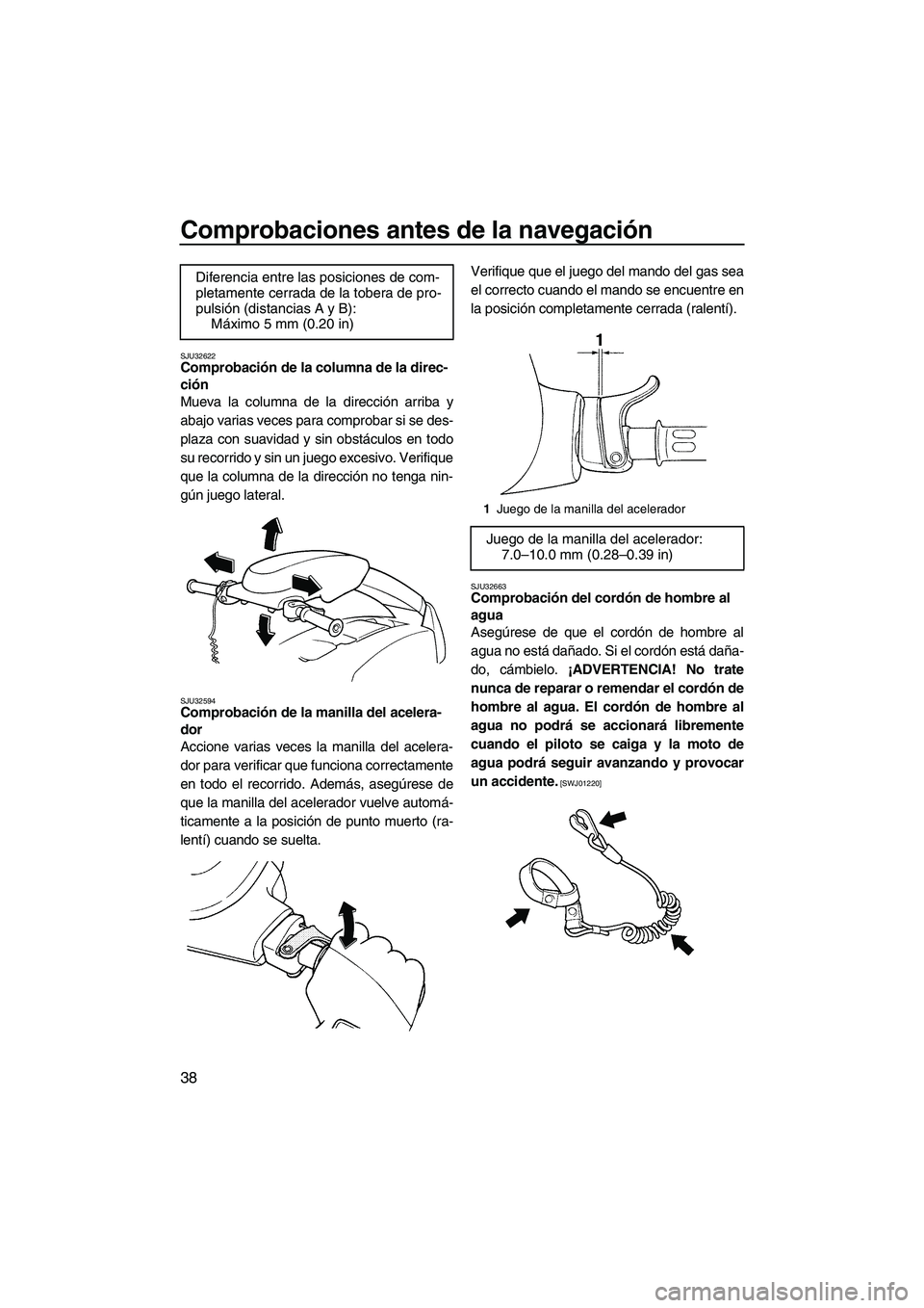 YAMAHA SUPERJET 2010  Manuale de Empleo (in Spanish) Comprobaciones antes de la navegación
38
SJU32622Comprobación de la columna de la direc-
ción 
Mueva la columna de la dirección arriba y
abajo varias veces para comprobar si se des-
plaza con suav