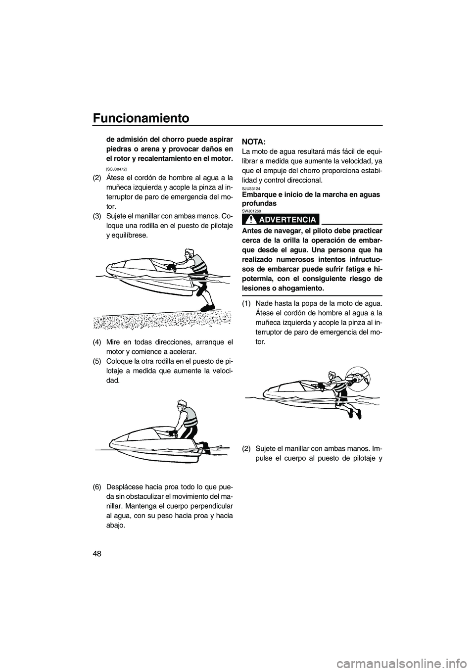 YAMAHA SUPERJET 2010  Manuale de Empleo (in Spanish) Funcionamiento
48
de admisión del chorro puede aspirar
piedras o arena y provocar daños en
el rotor y recalentamiento en el motor.
[SCJ00472]
(2)Átese el cordón de hombre al agua a la
muñeca izqu