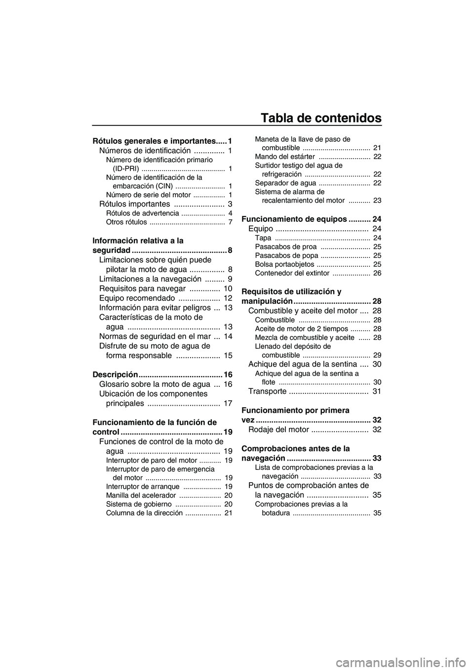 YAMAHA SUPERJET 2010 Manuale de Empleo (in Spanish) Tabla de contenidos
Rótulos generales e importantes..... 1
Números de identificación .............. 1
Número de identificación primario
(ID-PRI) .......................................... 1
NÃ YAMAHA SUPERJET 2010 Manuale de Empleo (in Spanish) Tabla de contenidos
Rótulos generales e importantes..... 1
Números de identificación .............. 1
Número de identificación primario
(ID-PRI) .......................................... 1
NÃ