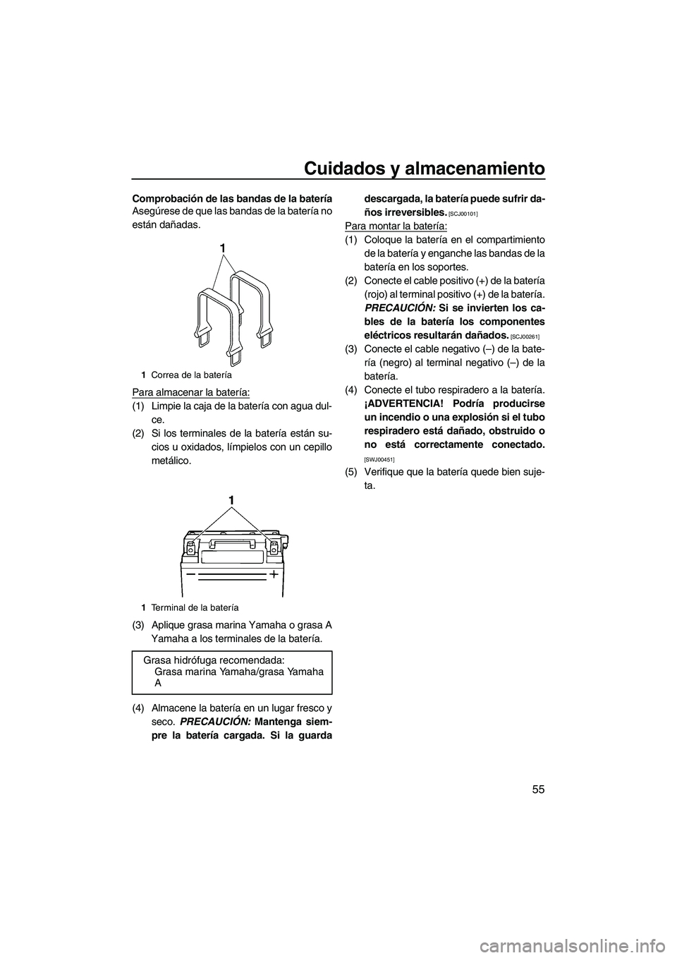 YAMAHA SUPERJET 2010  Manuale de Empleo (in Spanish) Cuidados y almacenamiento
55
Comprobación de las bandas de la batería
Asegúrese de que las bandas de la batería no
están dañadas.
Para almacenar la batería:
(1) Limpie la caja de la batería co
