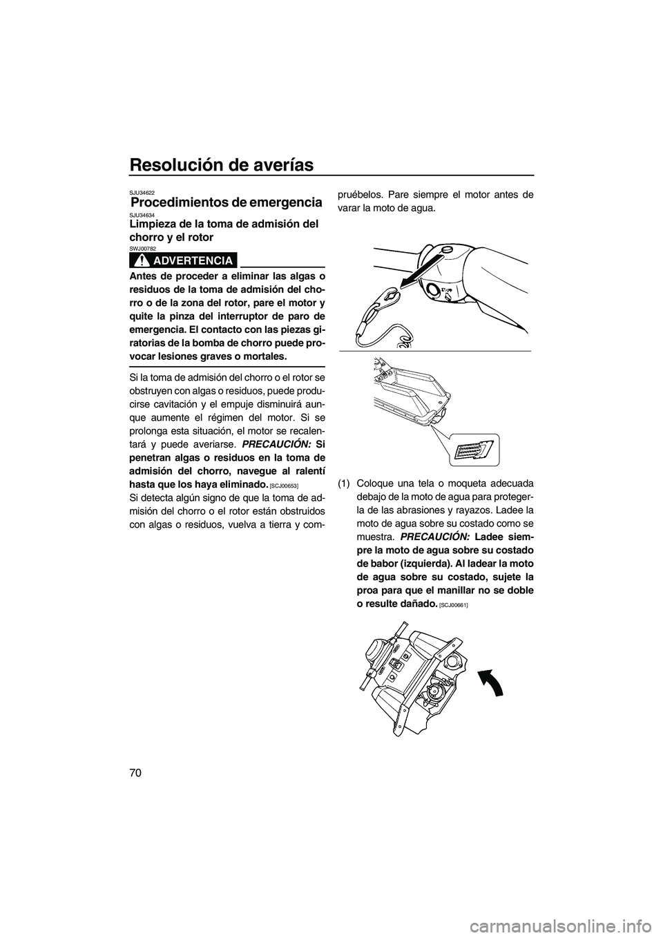 YAMAHA SUPERJET 2010 Manuale de Empleo (in Spanish) Resolución de averías
70
SJU34622
Procedimientos de emergencia SJU34634Limpieza de la toma de admisión del
chorro y el rotor
ADVERTENCIA
SWJ00782
Antes de proceder a eliminar las algas o
residuos YAMAHA SUPERJET 2010 Manuale de Empleo (in Spanish) Resolución de averías
70
SJU34622
Procedimientos de emergencia SJU34634Limpieza de la toma de admisión del
chorro y el rotor
ADVERTENCIA
SWJ00782
Antes de proceder a eliminar las algas o
residuos