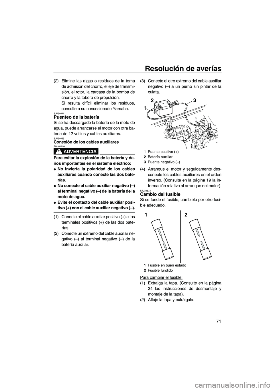 YAMAHA SUPERJET 2010 Manuale de Empleo (in Spanish) Resolución de averías
71
(2) Elimine las algas o residuos de la toma
de admisión del chorro, el eje de transmi-
sión, el rotor, la carcasa de la bomba de
chorro y la tobera de propulsión.
Si resu YAMAHA SUPERJET 2010 Manuale de Empleo (in Spanish) Resolución de averías
71
(2) Elimine las algas o residuos de la toma
de admisión del chorro, el eje de transmi-
sión, el rotor, la carcasa de la bomba de
chorro y la tobera de propulsión.
Si resu