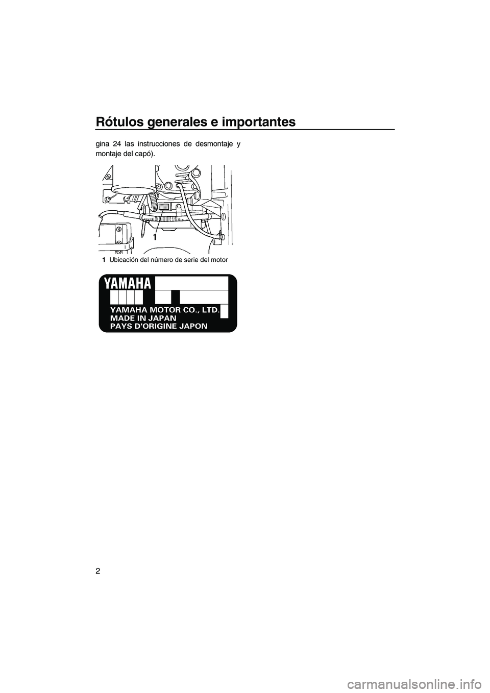 YAMAHA SUPERJET 2010 Manuale de Empleo (in Spanish) Rótulos generales e importantes
2
gina 24 las instrucciones de desmontaje y
montaje del capó).
1Ubicación del número de serie del motor
UF2F72S0.book Page 2 Tuesday, May 26, 2009 3:10 PM YAMAHA SUPERJET 2010 Manuale de Empleo (in Spanish) Rótulos generales e importantes
2
gina 24 las instrucciones de desmontaje y
montaje del capó).
1Ubicación del número de serie del motor
UF2F72S0.book Page 2 Tuesday, May 26, 2009 3:10 PM