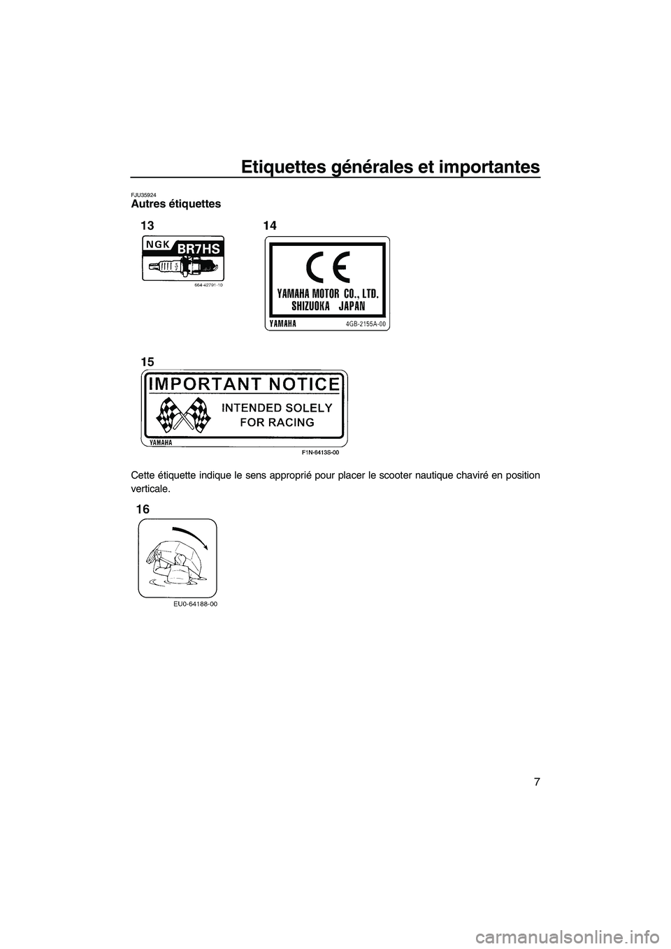 YAMAHA SUPERJET 2010  Notices Demploi (in French) Etiquettes générales et importantes
7
FJU35924Autres étiquettes 
Cette étiquette indique le sens approprié pour placer le scooter nautique chaviré en position
verticale.
UF2F72F0.book  Page 7  W