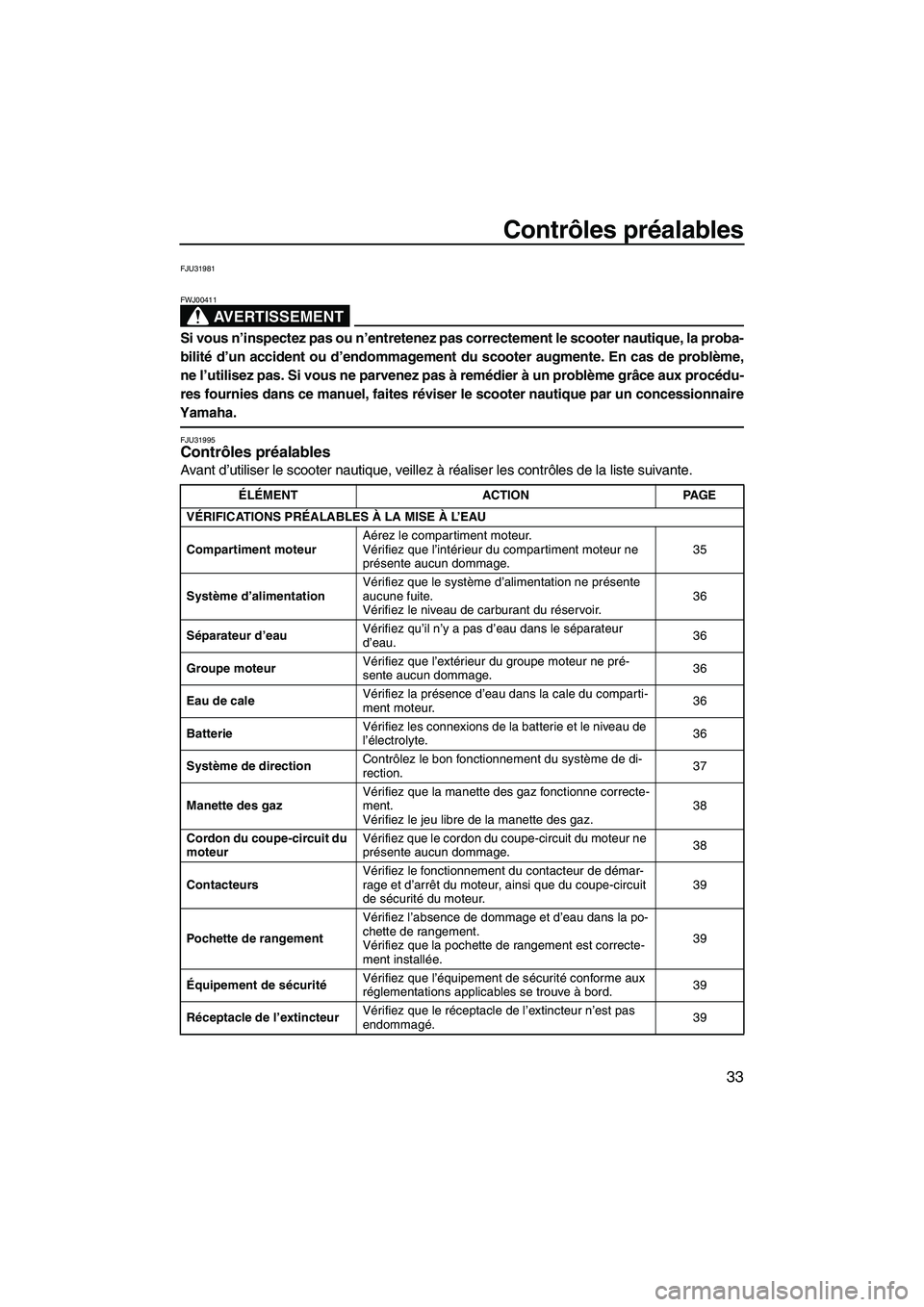 YAMAHA SUPERJET 2010  Notices Demploi (in French) Contrôles préalables
33
FJU31981
AVERTISSEMENT
FWJ00411
Si vous n’inspectez pas ou n’entretenez pas correctement le scooter nautique, la proba-
bilité d’un accident ou d’endommagement du sc