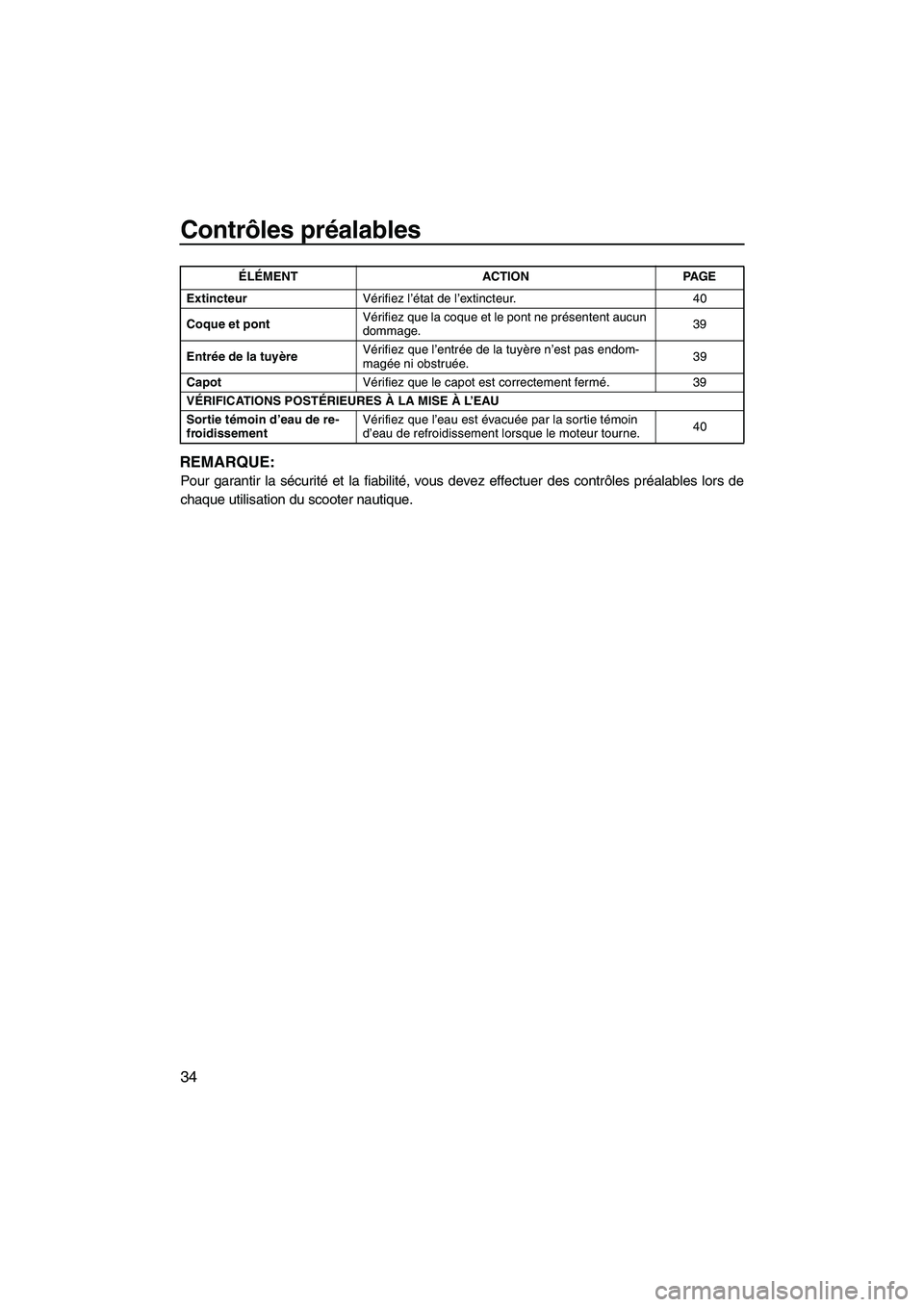 YAMAHA SUPERJET 2010  Notices Demploi (in French) Contrôles préalables
34
REMARQUE:
Pour garantir la sécurité et la fiabilité, vous devez effectuer des contrôles préalables lors de
chaque utilisation du scooter nautique.
ExtincteurVérifiez l