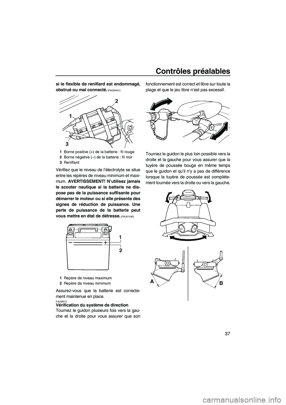YAMAHA SUPERJET 2010  Notices Demploi (in French) Contrôles préalables
37
si le flexible de reniflard est endommagé,
obstrué ou mal connecté.
 [FWJ00451]
Vérifiez que le niveau de l’électrolyte se situe
entre les repères de niveau minimum e