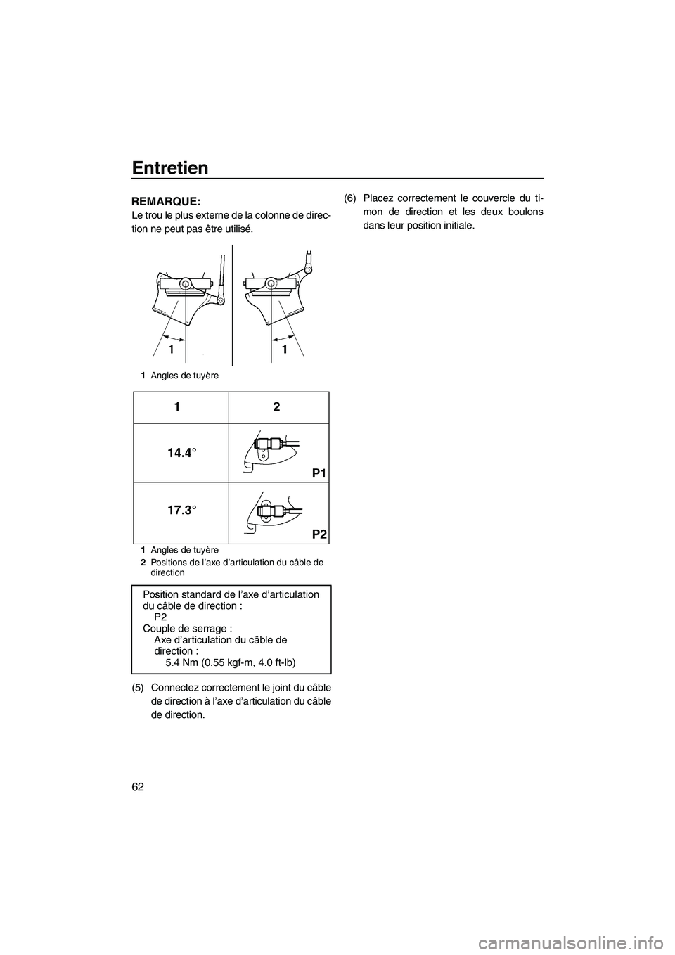 YAMAHA SUPERJET 2010 Notices Demploi (in French) Entretien
62
REMARQUE:
Le trou le plus externe de la colonne de direc-
tion ne peut pas être utilisé.
(5) Connectez correctement le joint du câble
de direction à l’axe d’articulation du câble YAMAHA SUPERJET 2010 Notices Demploi (in French) Entretien
62
REMARQUE:
Le trou le plus externe de la colonne de direc-
tion ne peut pas être utilisé.
(5) Connectez correctement le joint du câble
de direction à l’axe d’articulation du câble