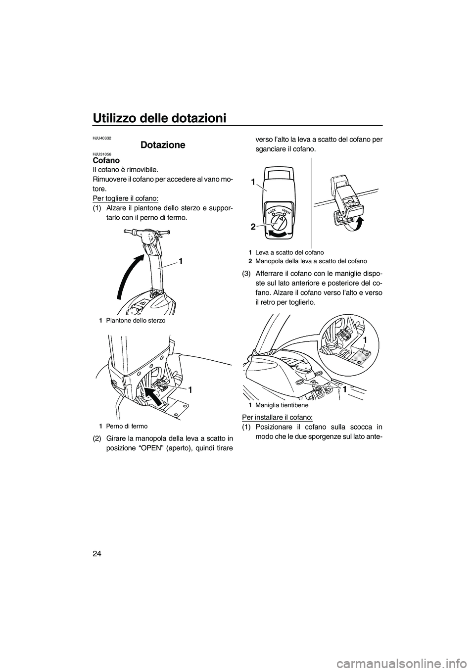 YAMAHA SUPERJET 2010  Manuale duso (in Italian) Utilizzo delle dotazioni
24
HJU40332
Dotazione HJU31056Cofano 
Il cofano è rimovibile.
Rimuovere il cofano per accedere al vano mo-
tore.
Per togliere il cofano:
(1) Alzare il piantone dello sterzo e