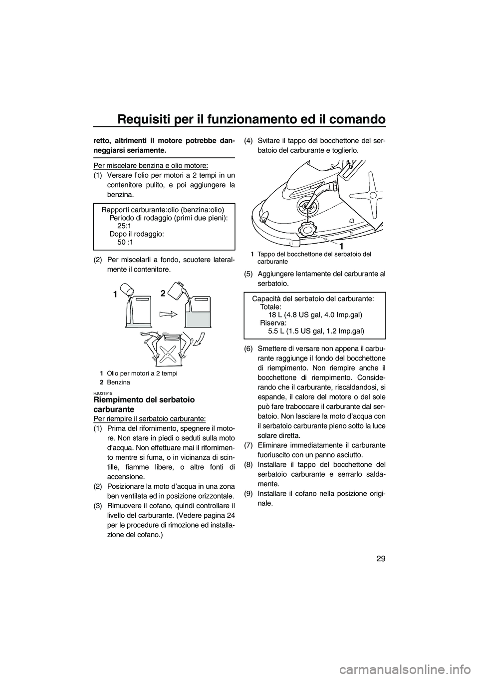 YAMAHA SUPERJET 2010  Manuale duso (in Italian) Requisiti per il funzionamento ed il comando
29
retto, altrimenti il motore potrebbe dan-
neggiarsi seriamente.
Per miscelare benzina e olio motore:
(1) Versare l’olio per motori a 2 tempi in un
con