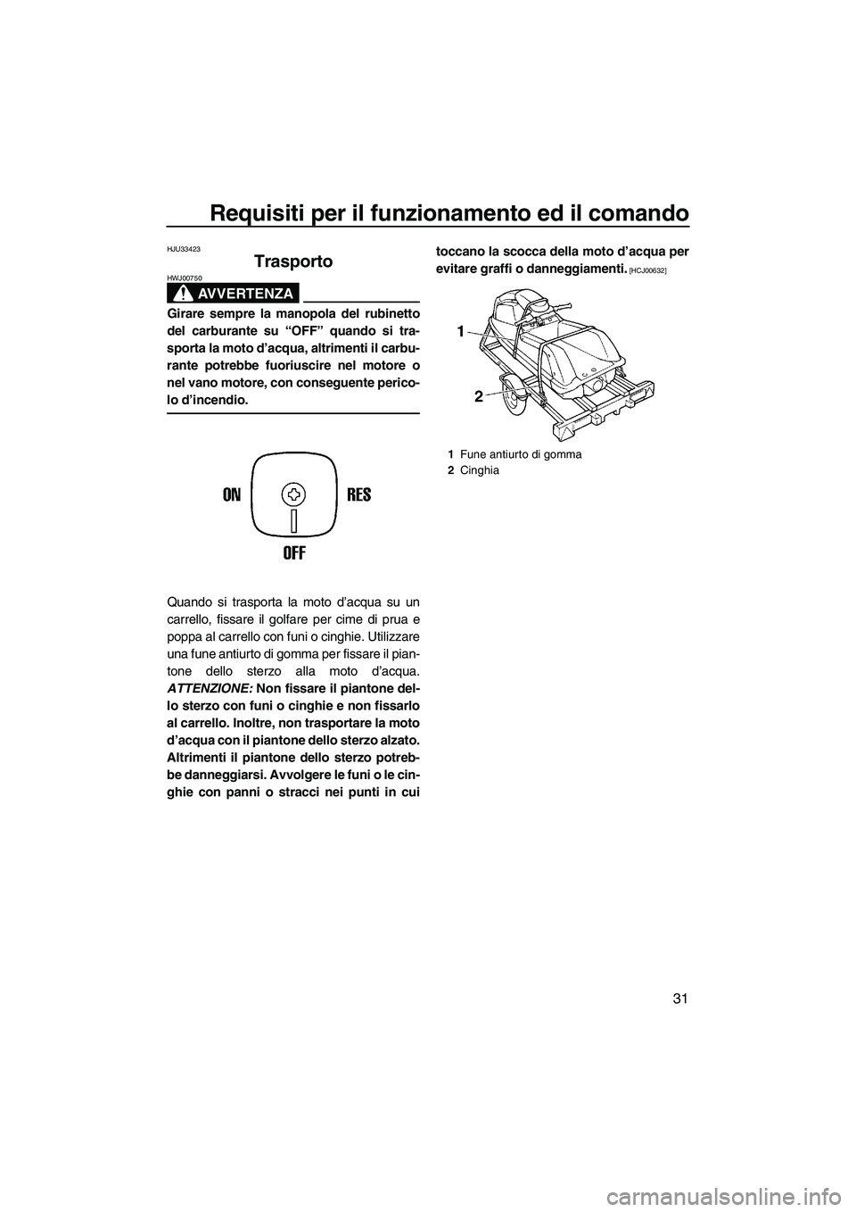 YAMAHA SUPERJET 2010  Manuale duso (in Italian) Requisiti per il funzionamento ed il comando
31
HJU33423
Trasporto 
AVVERTENZA
HWJ00750
Girare sempre la manopola del rubinetto
del carburante su “OFF” quando si tra-
sporta la moto d’acqua, alt