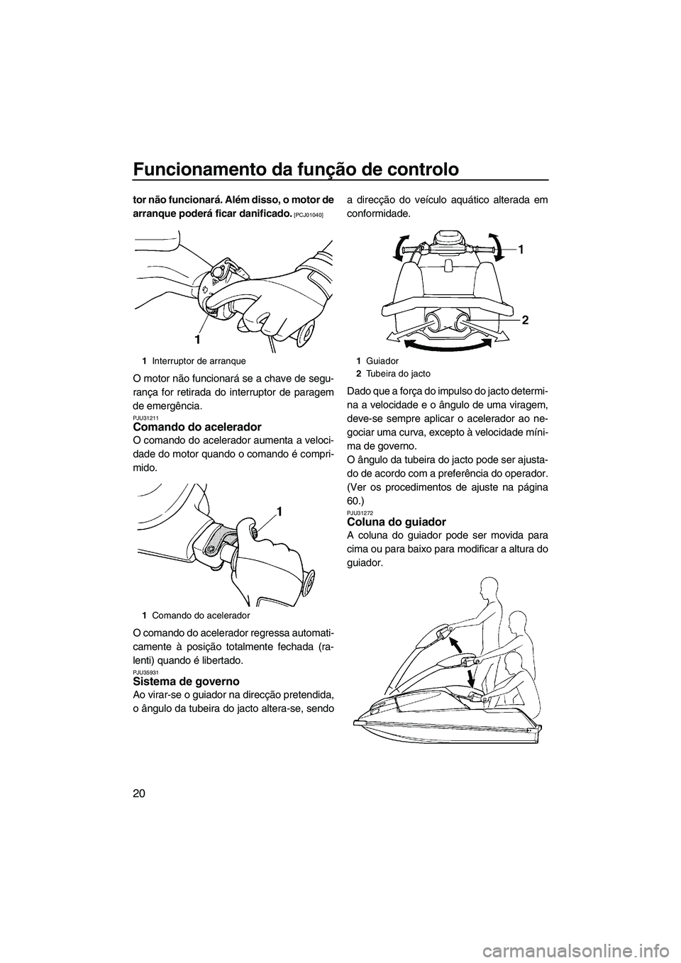 YAMAHA SUPERJET 2010  Manual de utilização (in Portuguese) Funcionamento da função de controlo
20
tor não funcionará. Além disso, o motor de
arranque poderá ficar danificado.
 [PCJ01040]
O motor não funcionará se a chave de segu-
rança for retirada d